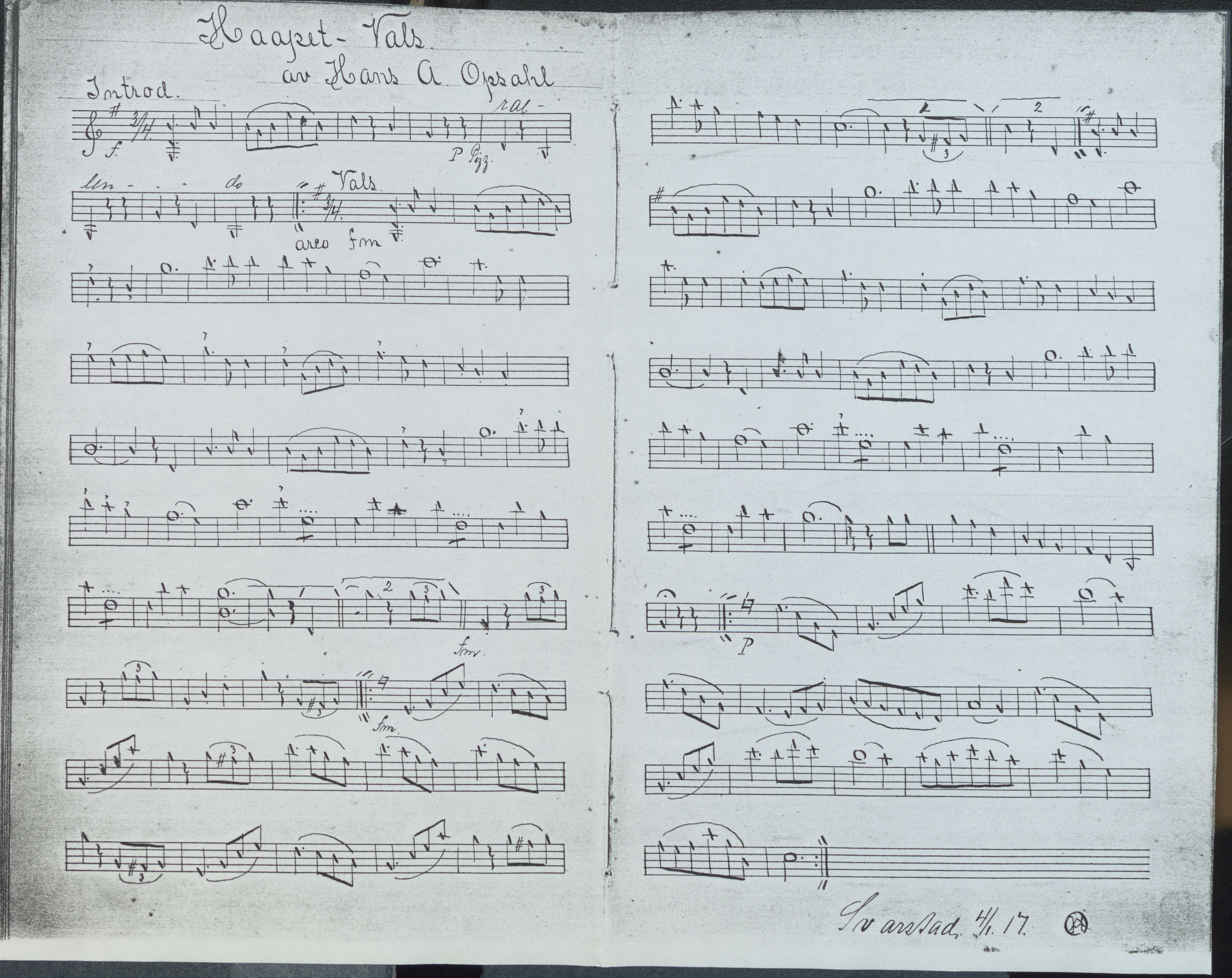 Sa 42 - Storgårds- og folkemusikk fra Klokkergården (Lardal bygdetun), VEMU/A-2514/F/L0001/0006: Originale håndskrevne, trykte og kopierte noter og notebøker, hefter, brev m.m. / Noter etter Hans Andreassen Opsahl, Lardal, 1820-1920