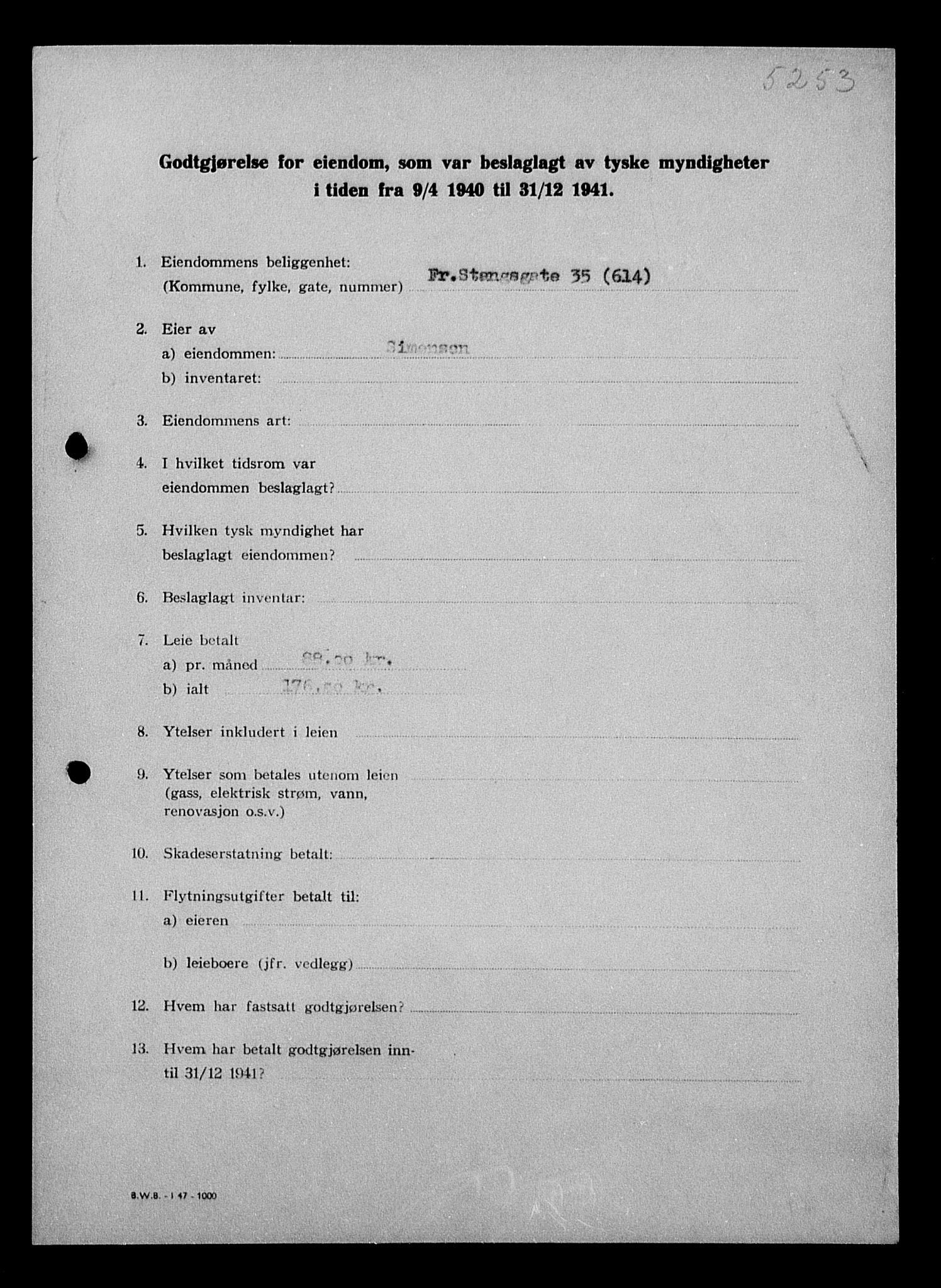 Justisdepartementet, Tilbakeføringskontoret for inndratte formuer, RA/S-1564/I/L1011: Godtgjørelse for beslaglagt eiendom, 1940-1941, s. 559