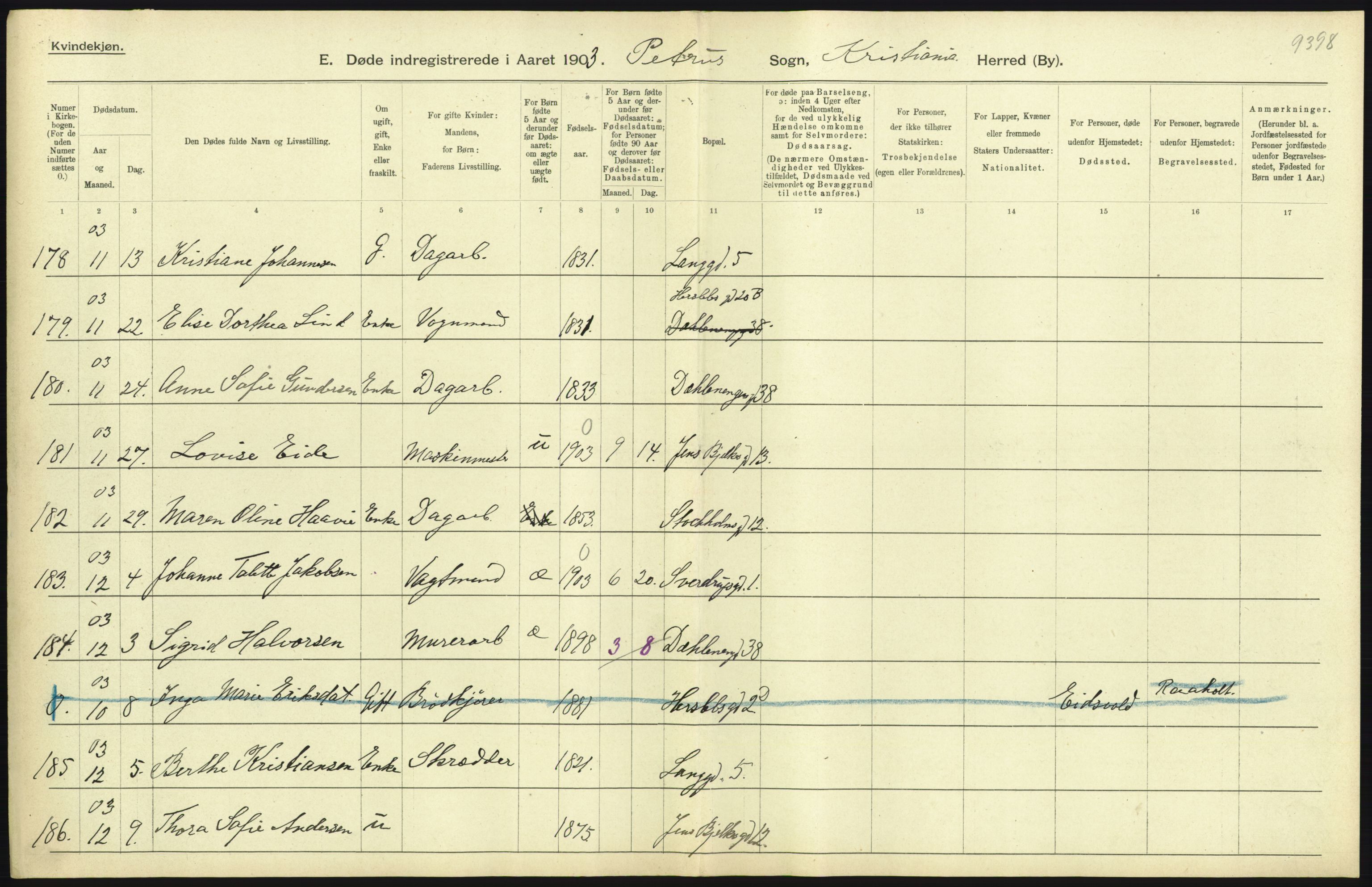 Statistisk sentralbyrå, Sosiodemografiske emner, Befolkning, AV/RA-S-2228/D/Df/Dfa/Dfaa/L0004: Kristiania: Gifte, døde, 1903, s. 365