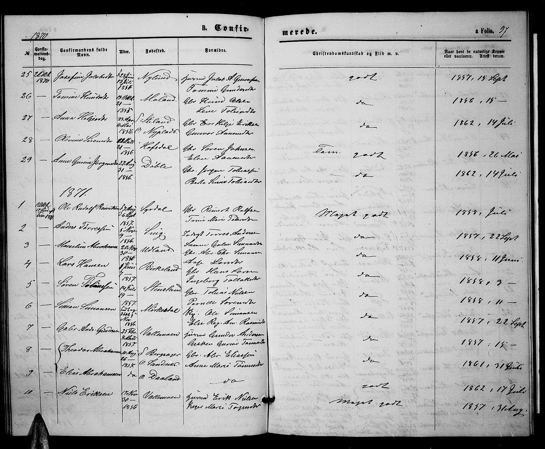 Sør-Audnedal sokneprestkontor, AV/SAK-1111-0039/F/Fb/Fbb/L0004: Klokkerbok nr. B 4, 1868-1879, s. 97