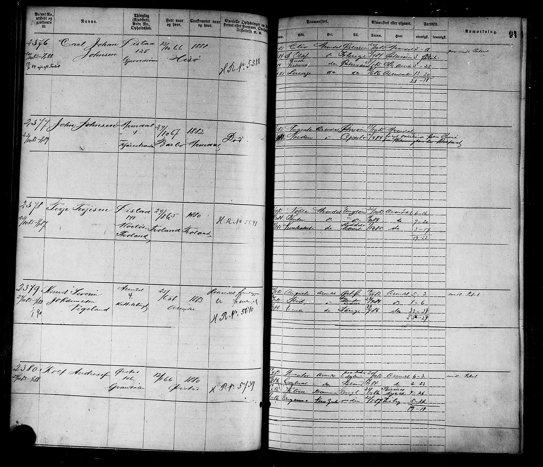 Arendal mønstringskrets, SAK/2031-0012/F/Fa/L0003: Annotasjonsrulle nr 1911-3827 med register, S-3, 1880-1892, s. 123