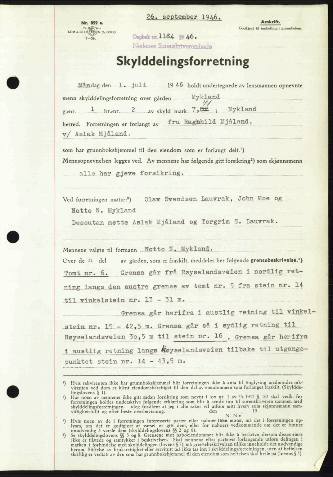 Nedenes sorenskriveri, SAK/1221-0006/G/Gb/Gba/L0056: Pantebok nr. A8, 1946-1947, Dagboknr: 1184/1946