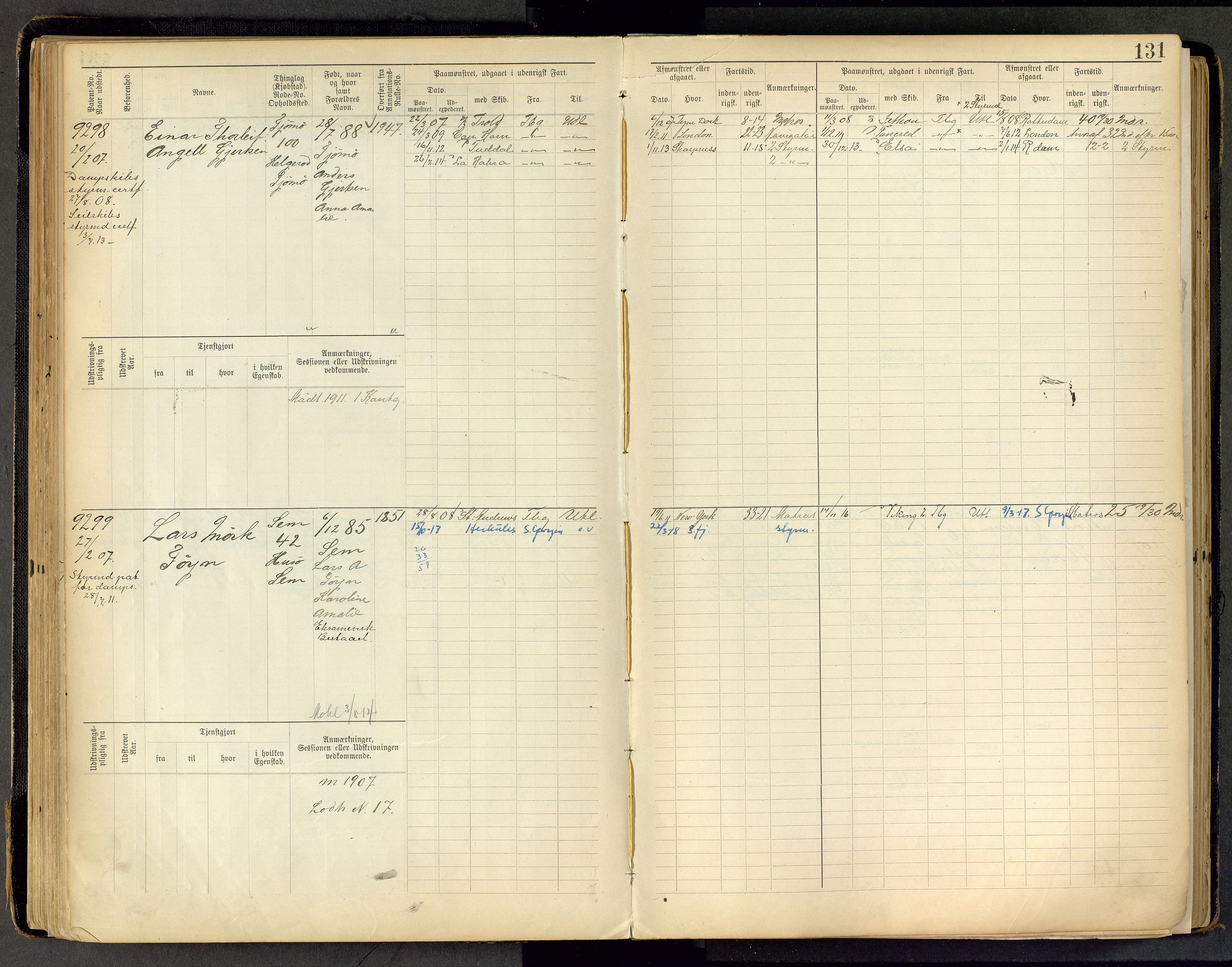 Tønsberg innrulleringskontor, AV/SAKO-A-786/F/Fc/Fca/L0011: Hovedrulle Patent nr. 9038-9992, 1900-1912, s. 131