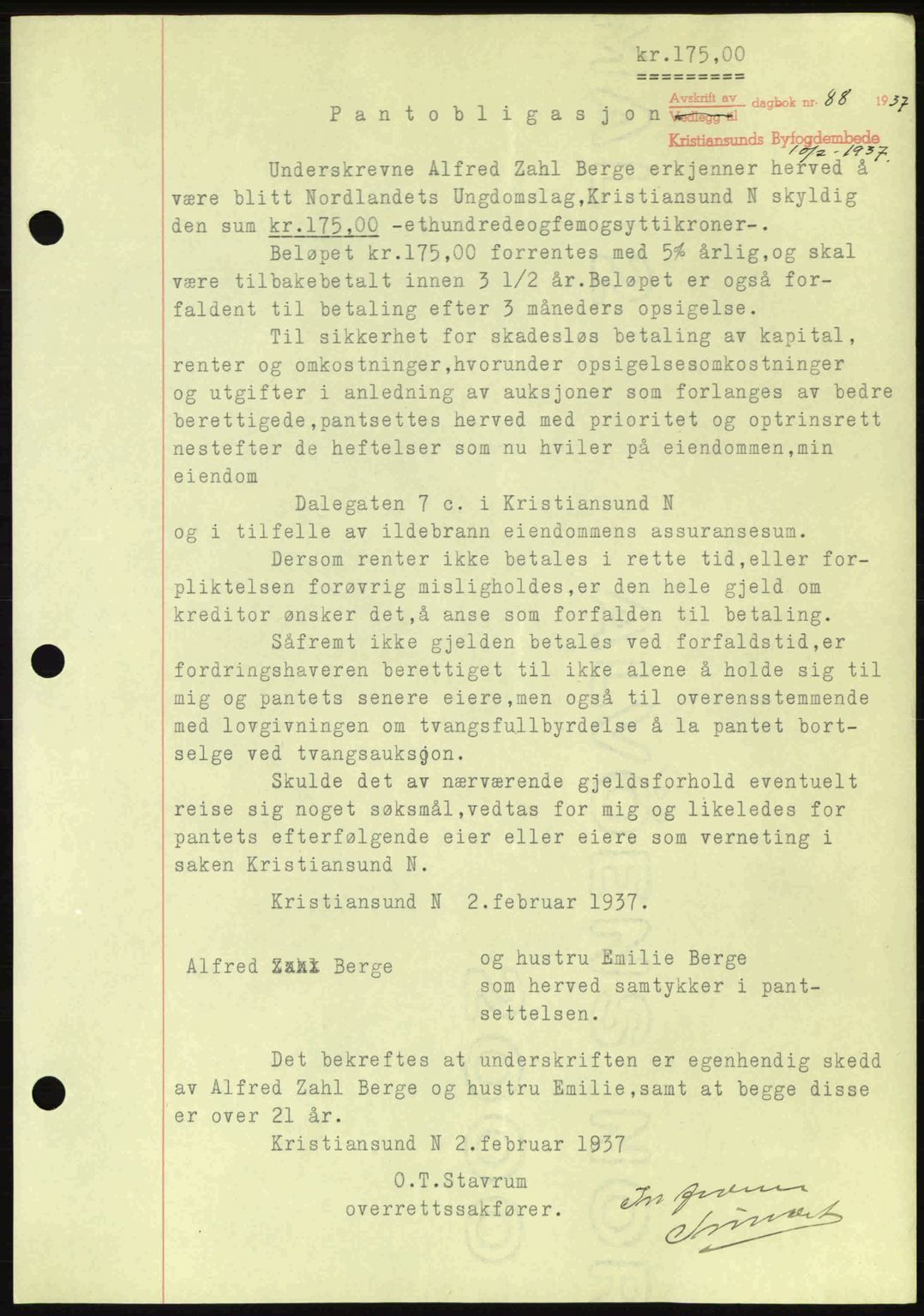 Kristiansund byfogd, SAT/A-4587/A/27: Pantebok nr. 29, 1936-1937, Dagboknr: 88/1937