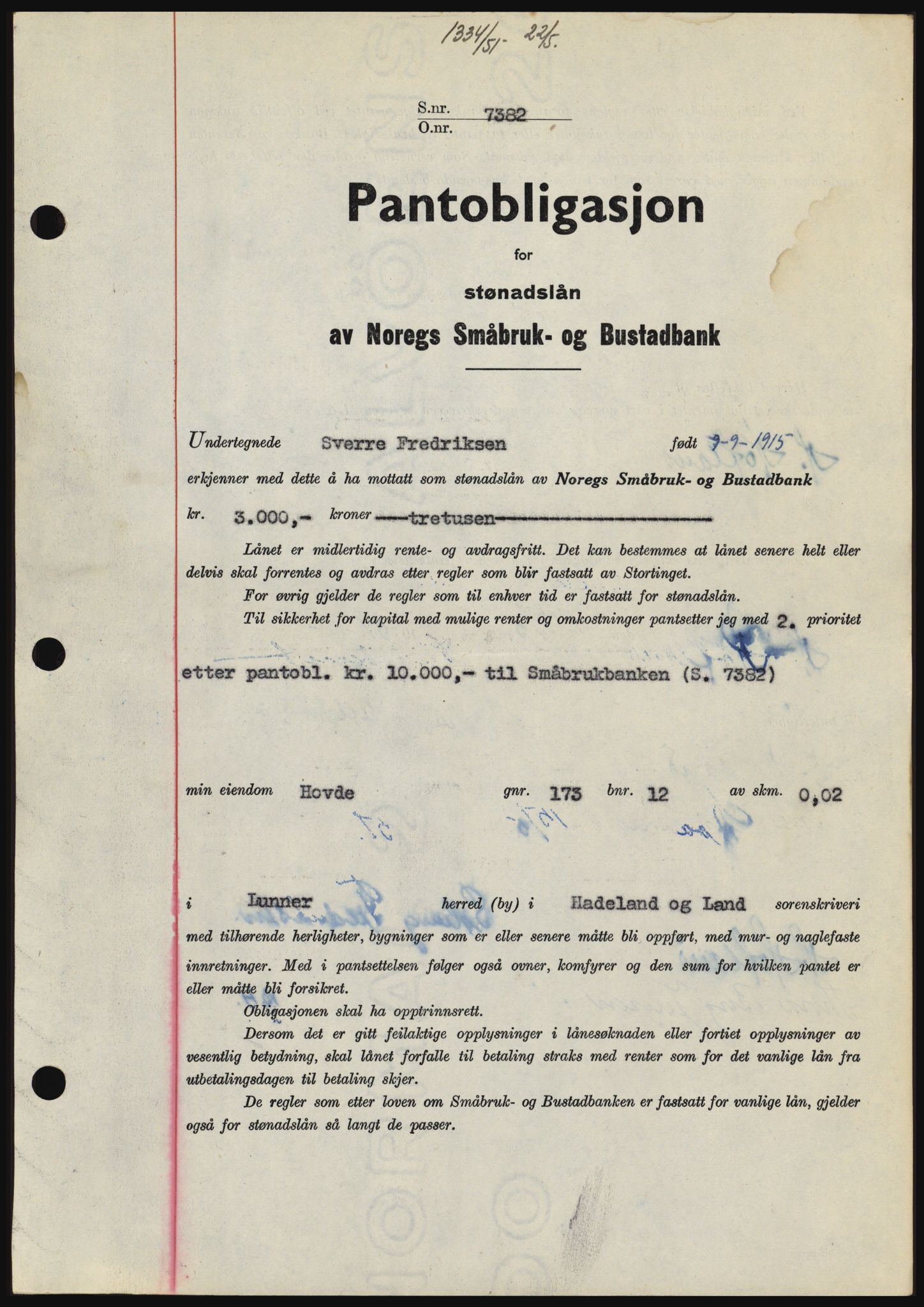 Hadeland og Land tingrett, SAH/TING-010/H/Hb/Hbc/L0021: Pantebok nr. B21, 1951-1951, Dagboknr: 1334/1951
