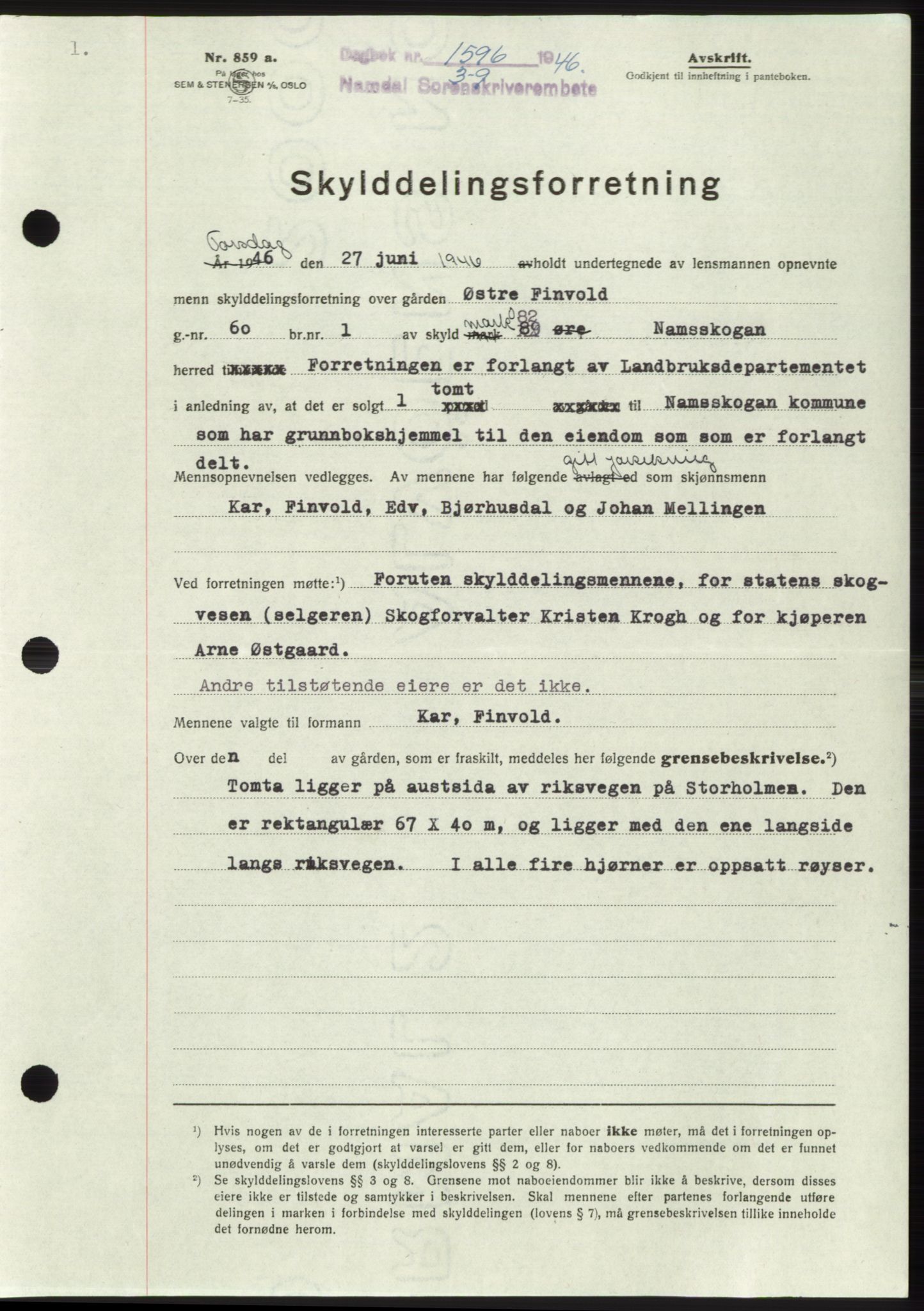Namdal sorenskriveri, SAT/A-4133/1/2/2C: Pantebok nr. -, 1946-1947, Dagboknr: 1596/1946