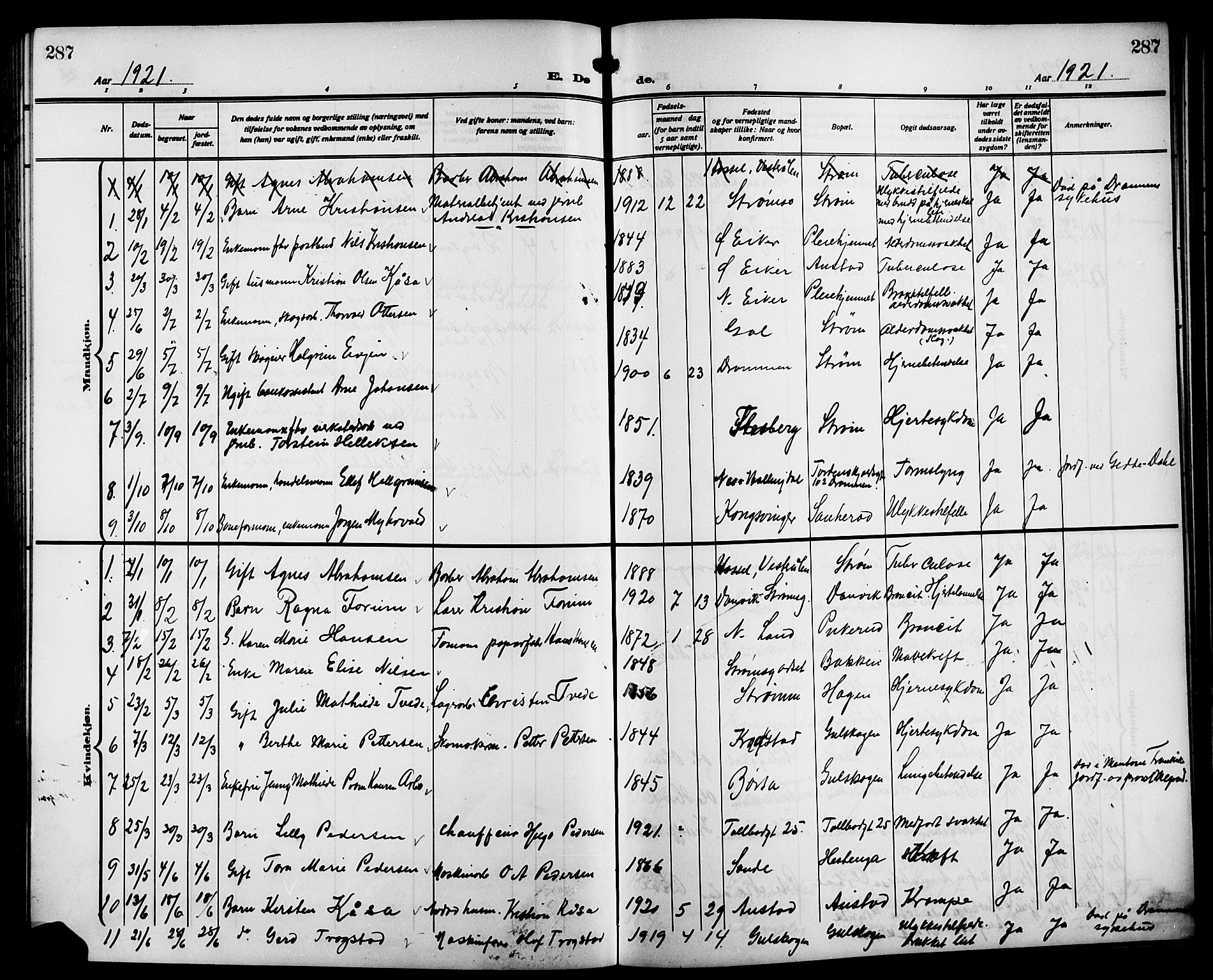 Strømsgodset kirkebøker, AV/SAKO-A-324/G/Ga/L0003: Klokkerbok nr. 3, 1911-1926, s. 287