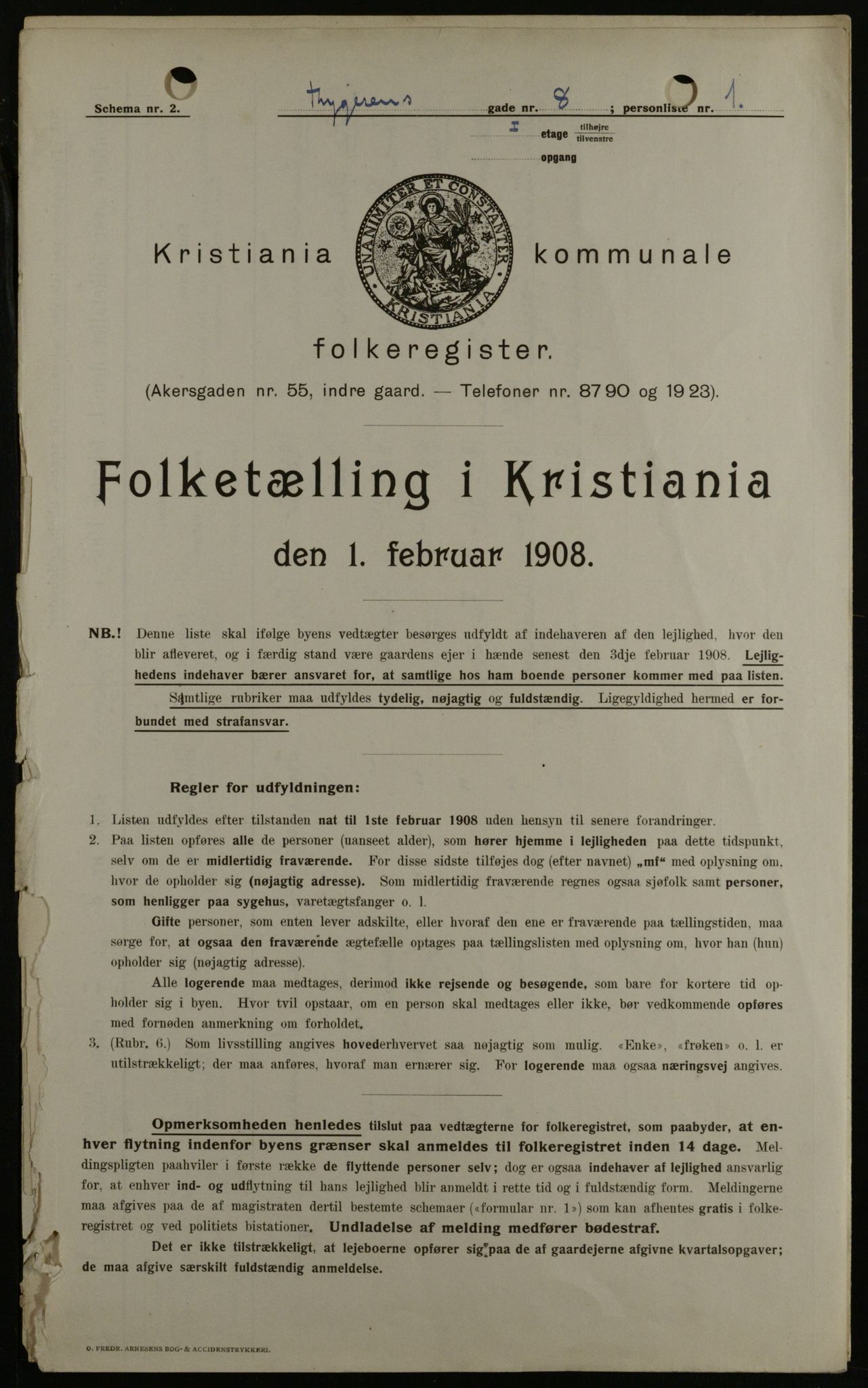 OBA, Kommunal folketelling 1.2.1908 for Kristiania kjøpstad, 1908, s. 100106