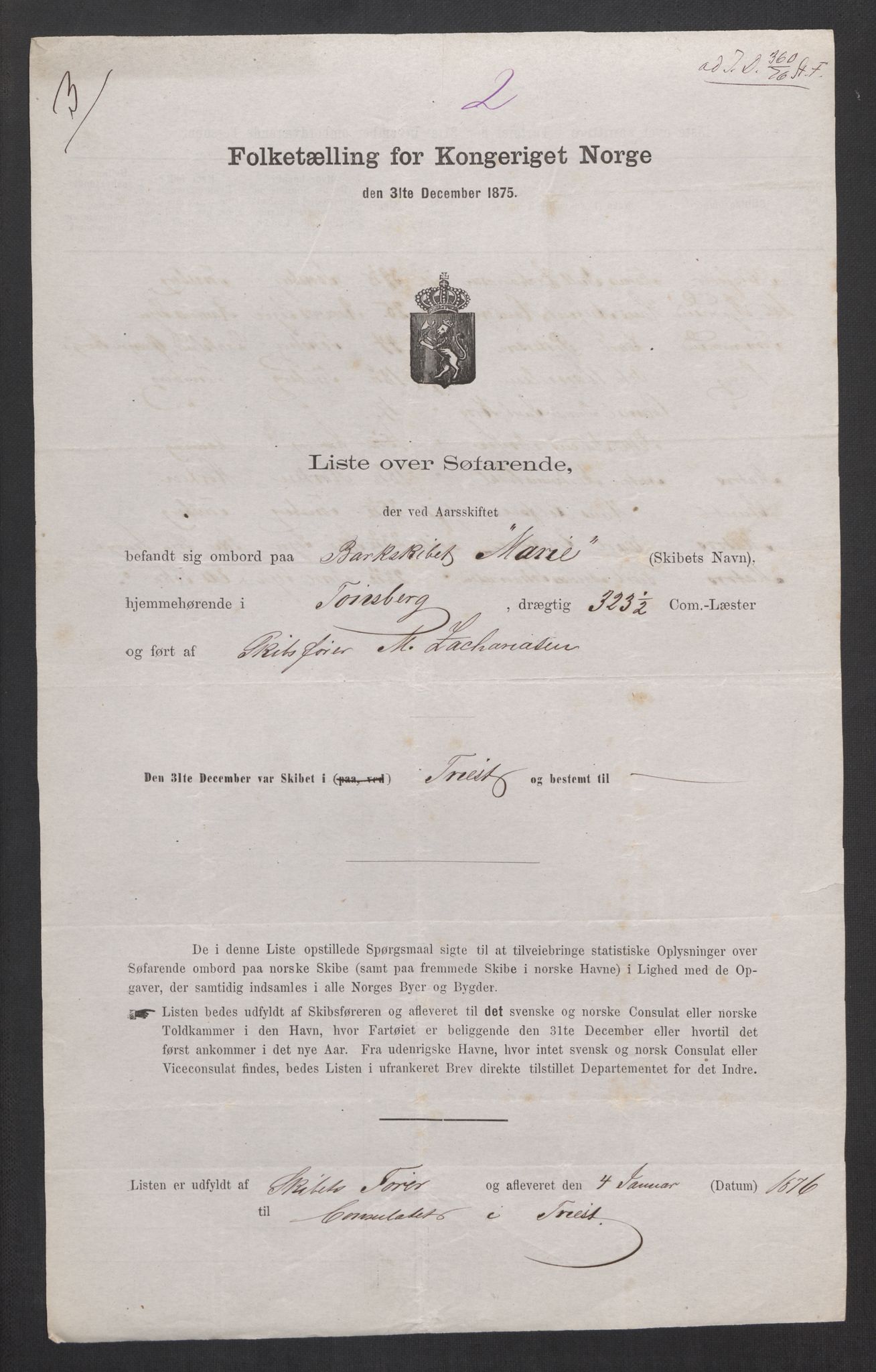 RA, Folketelling 1875, skipslister: Skip i utenrikske havner, hjemmehørende i byer og ladesteder, Fredrikshald - Arendal, 1875, s. 350