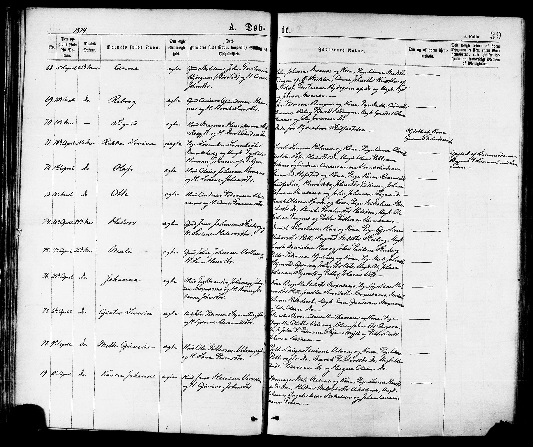 Ministerialprotokoller, klokkerbøker og fødselsregistre - Nord-Trøndelag, AV/SAT-A-1458/709/L0076: Ministerialbok nr. 709A16, 1871-1879, s. 39
