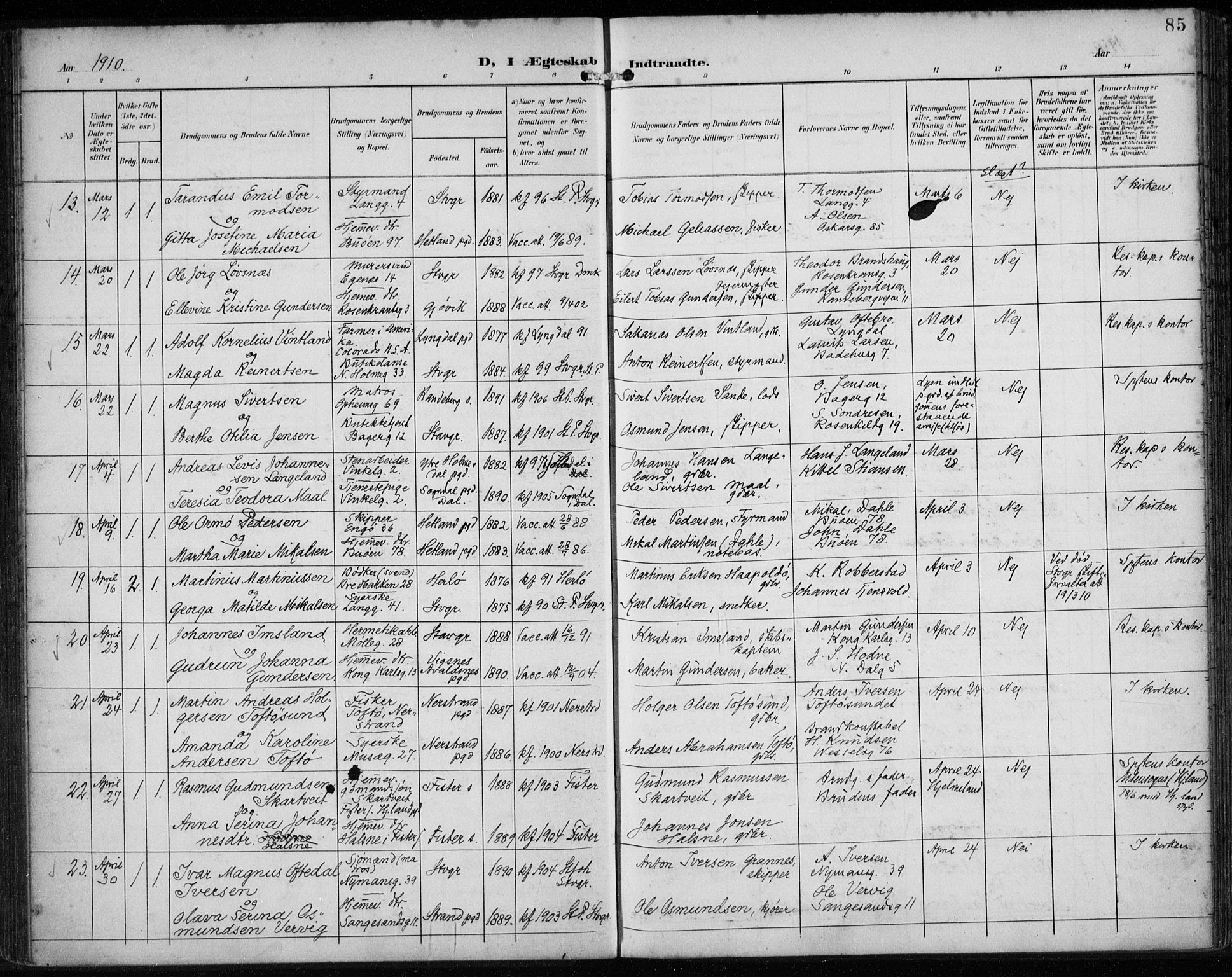 St. Petri sokneprestkontor, AV/SAST-A-101813/002/A/L0003: Ministerialbok nr. A 24, 1900-1921, s. 85