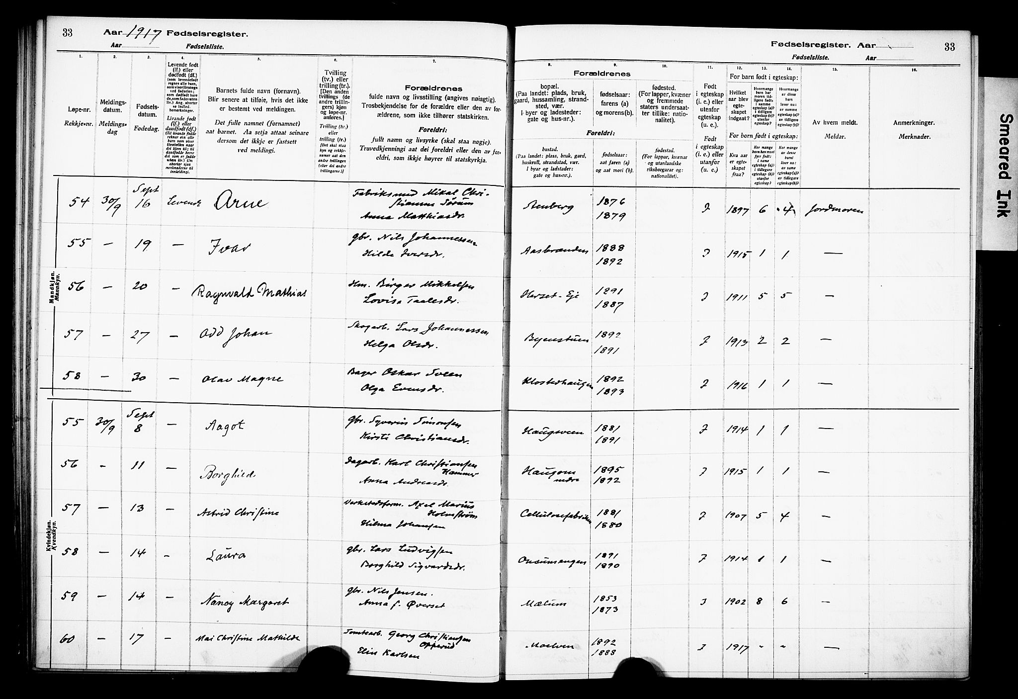 Ringsaker prestekontor, AV/SAH-PREST-014/O/Oa/L0001: Fødselsregister nr. 1, 1916-1925, s. 33