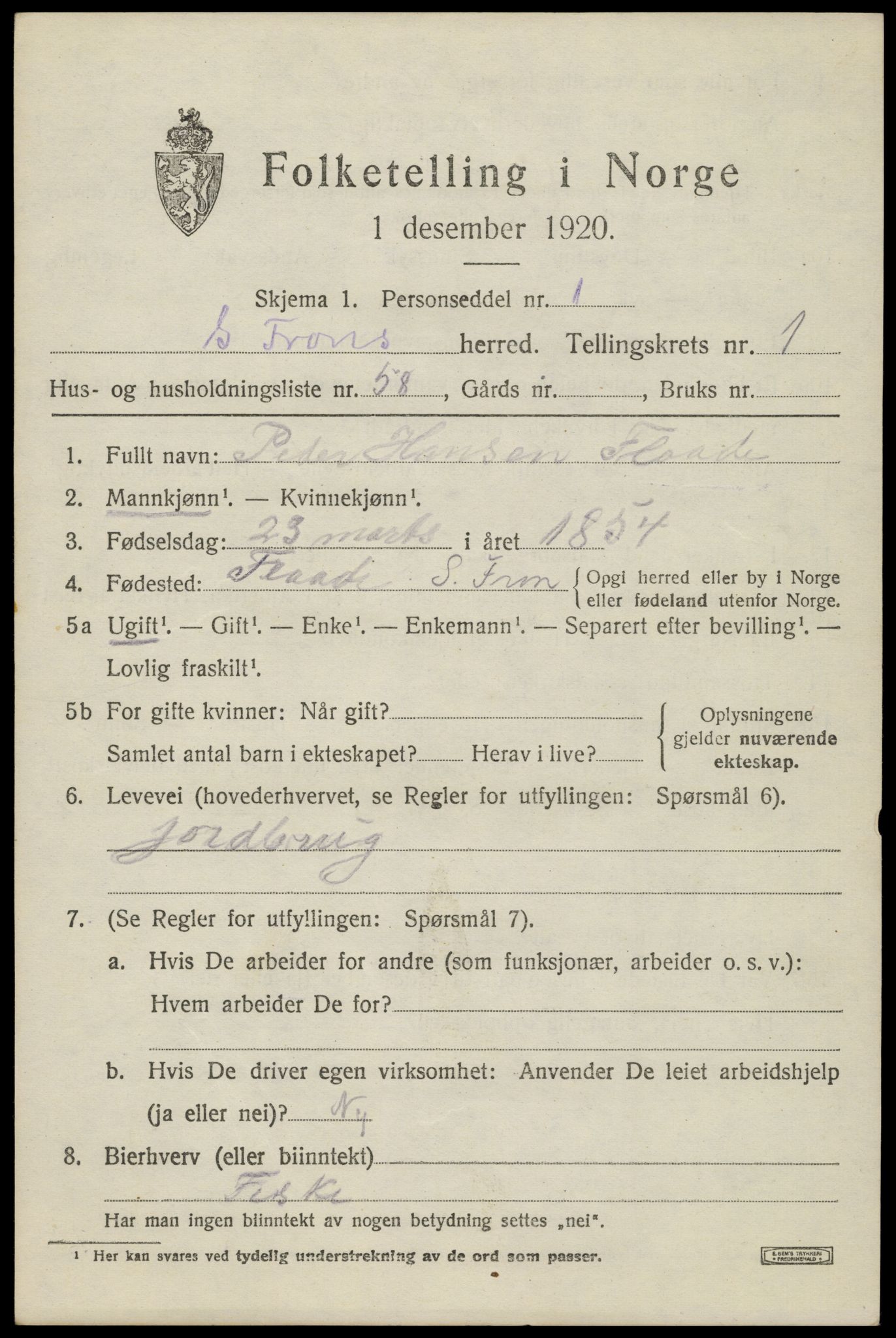 SAH, Folketelling 1920 for 0519 Sør-Fron herred, 1920, s. 1907
