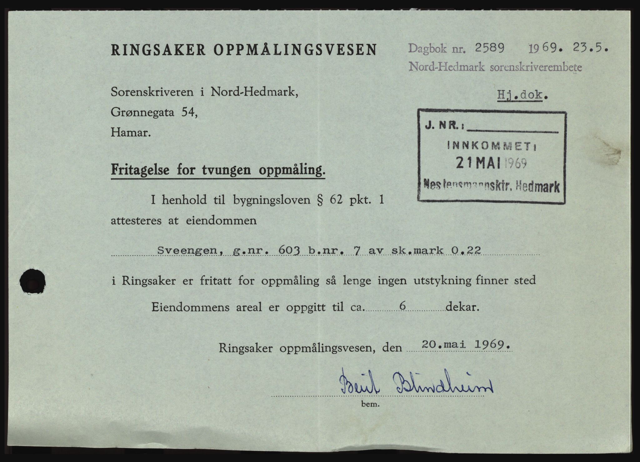 Nord-Hedmark sorenskriveri, SAH/TING-012/H/Hc/L0030: Pantebok nr. 30, 1969-1969, Dagboknr: 2589/1969