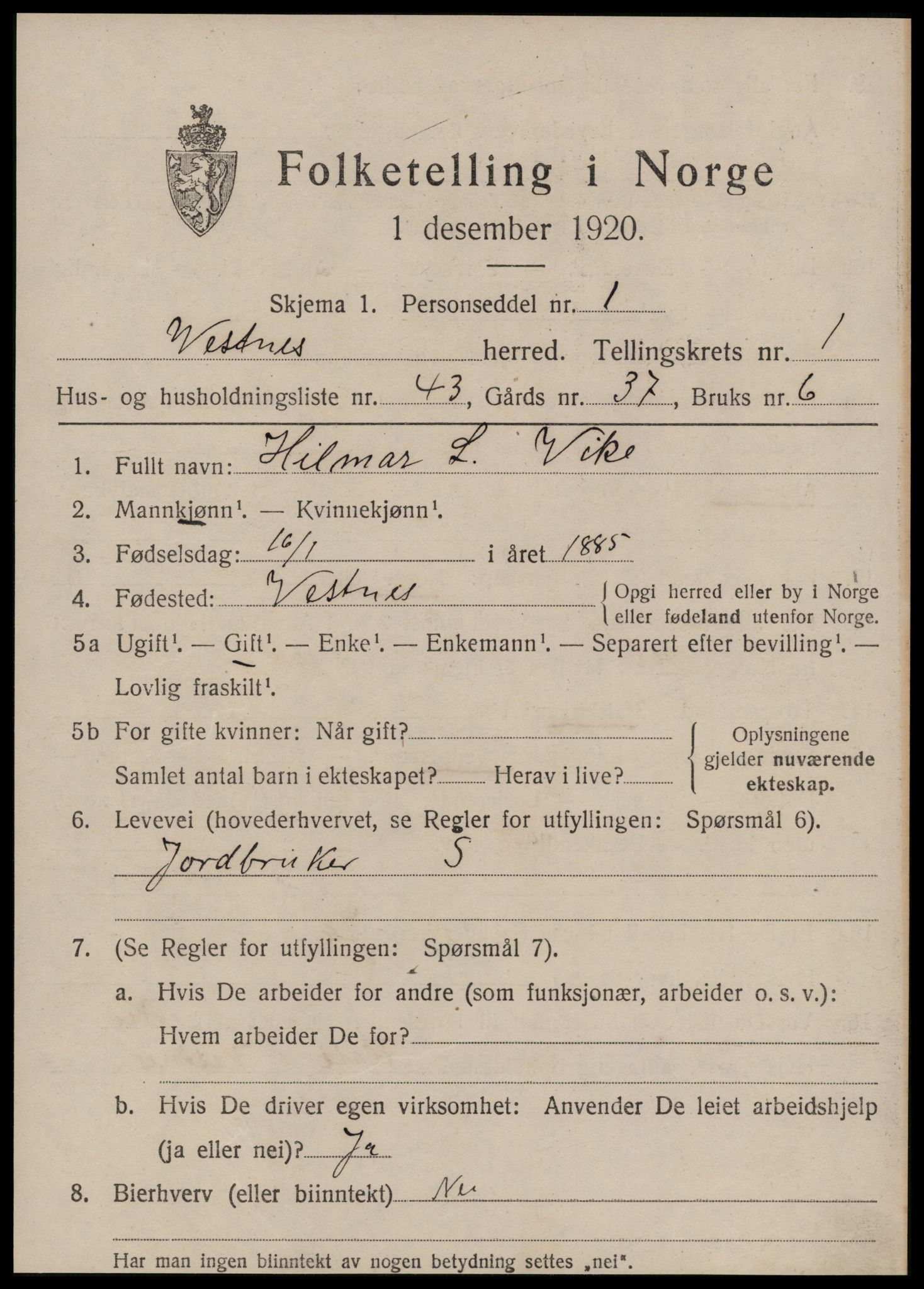SAT, Folketelling 1920 for 1535 Vestnes herred, 1920, s. 1733