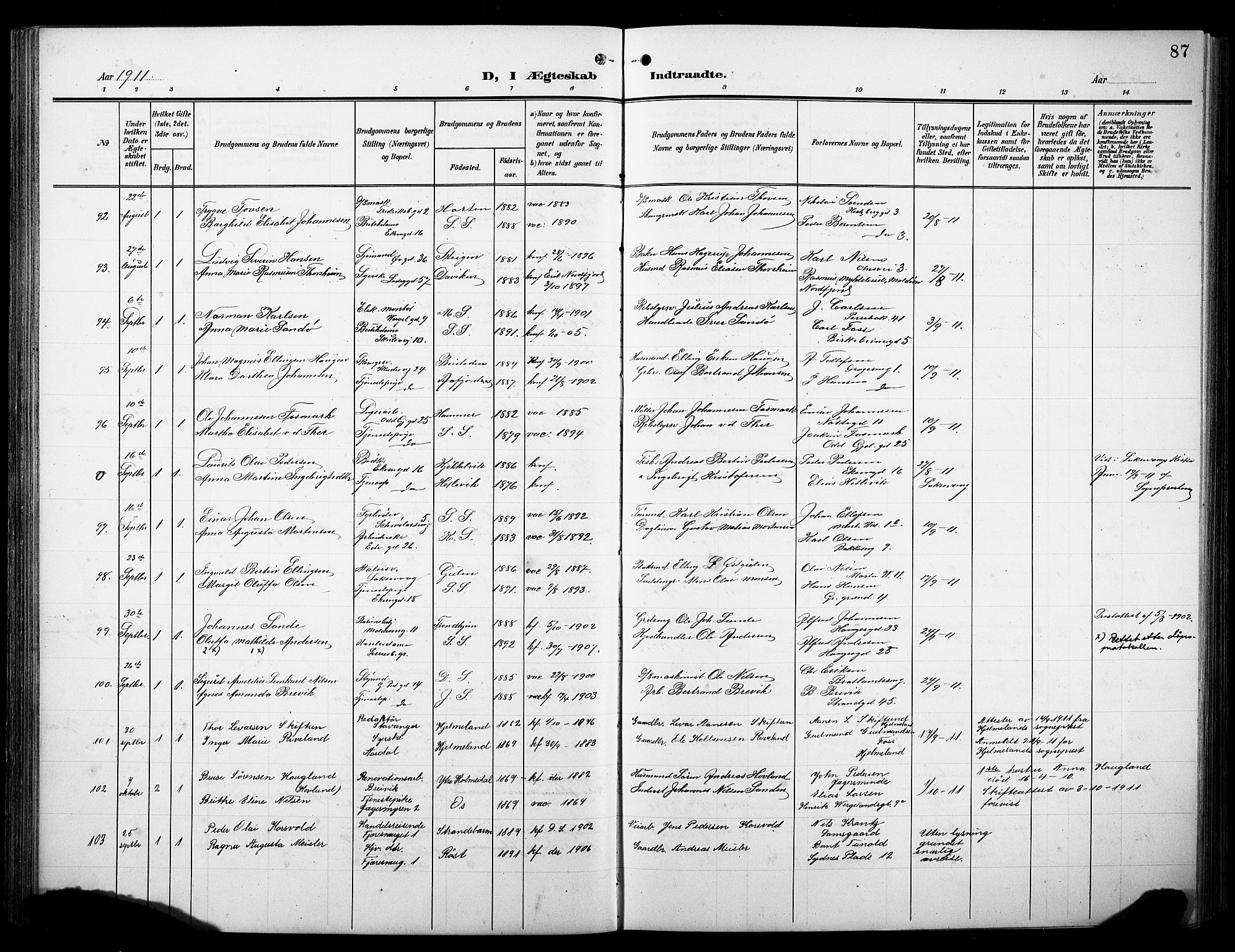 Sandviken Sokneprestembete, AV/SAB-A-77601/H/Hb/L0014: Klokkerbok nr. D 1, 1902-1929, s. 87