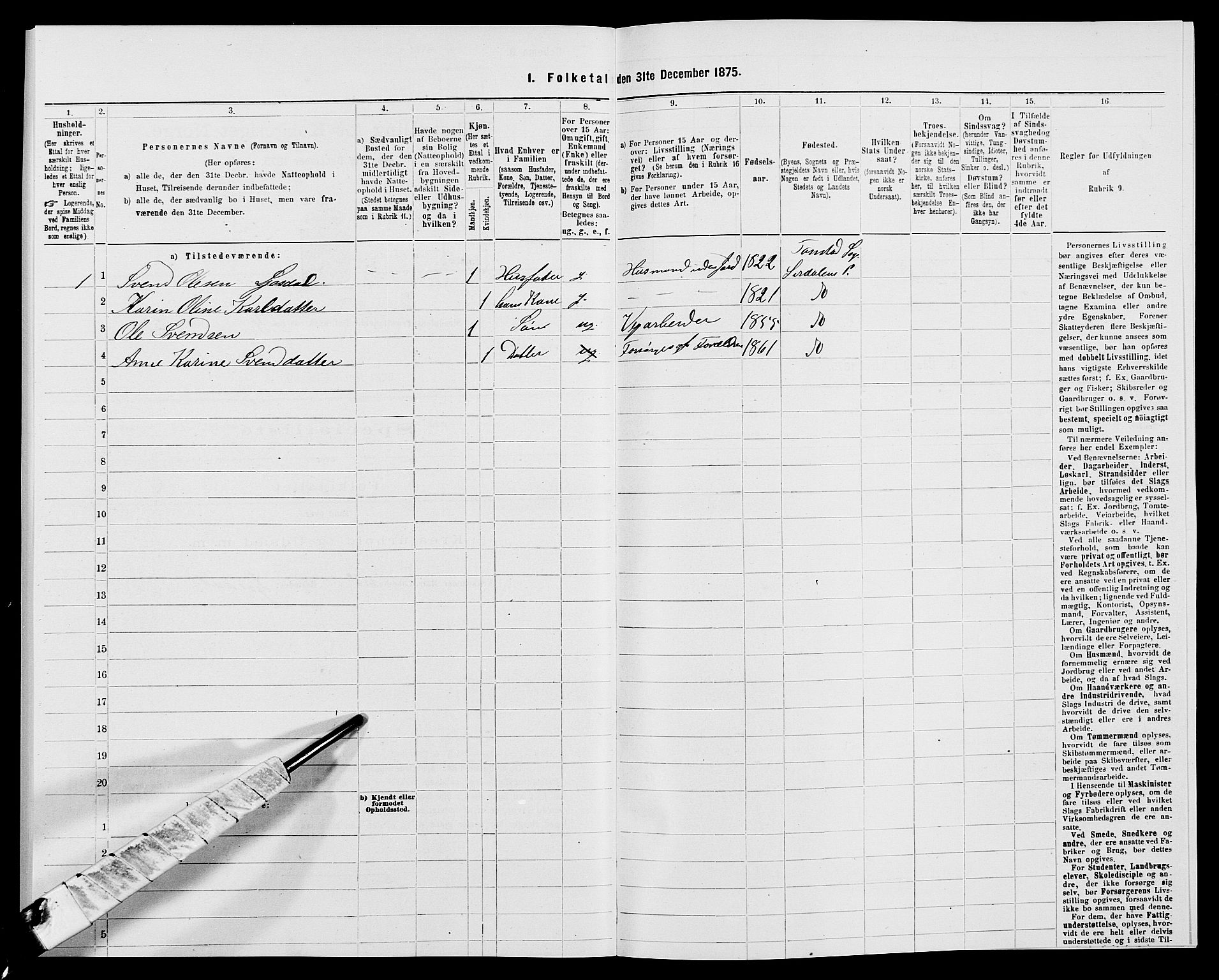 SAK, Folketelling 1875 for 1046P Sirdal prestegjeld, 1875, s. 402