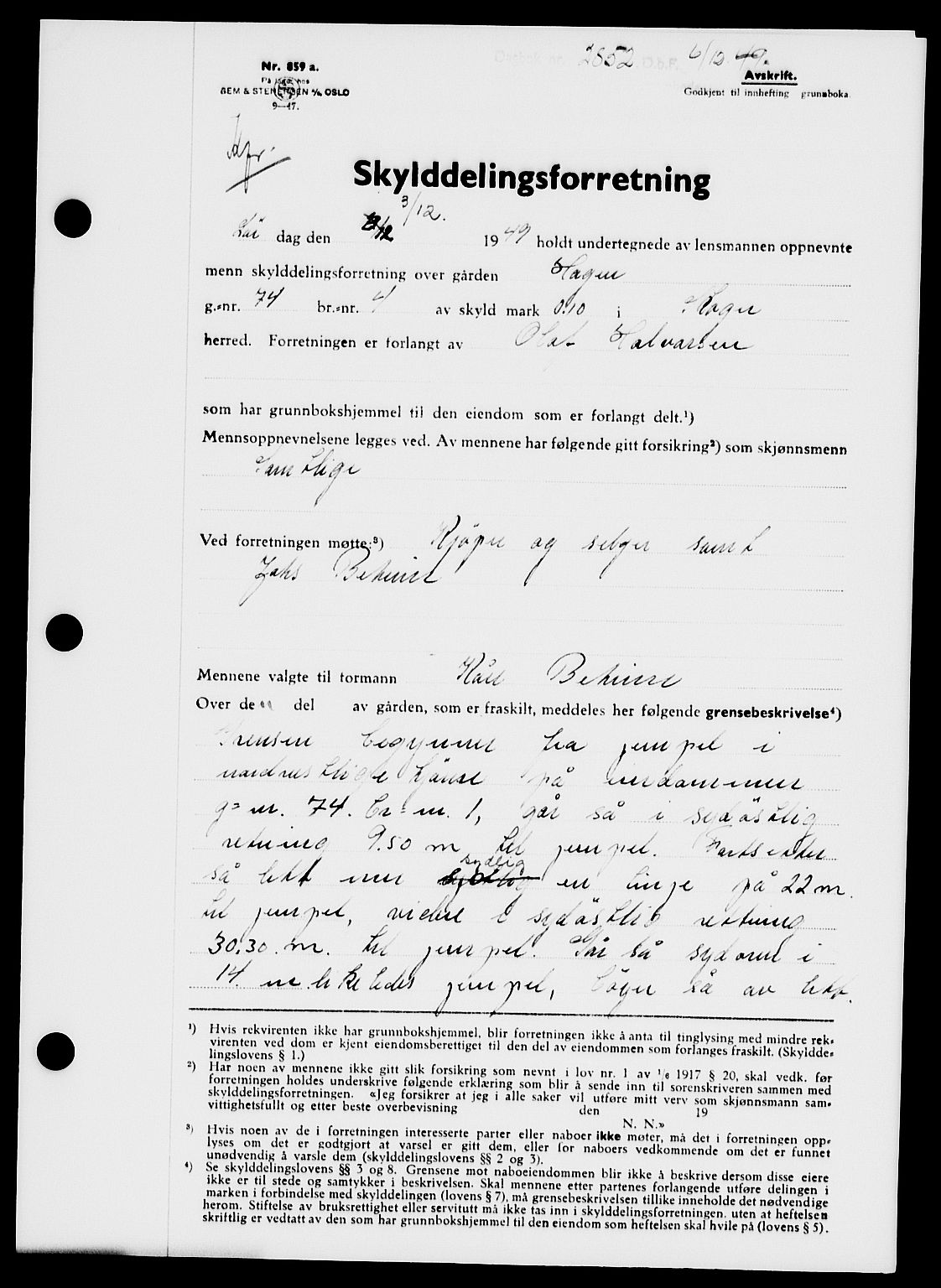 Holmestrand sorenskriveri, SAKO/A-67/G/Ga/Gaa/L0068: Pantebok nr. A-68, 1949-1950, Dagboknr: 2852/1949