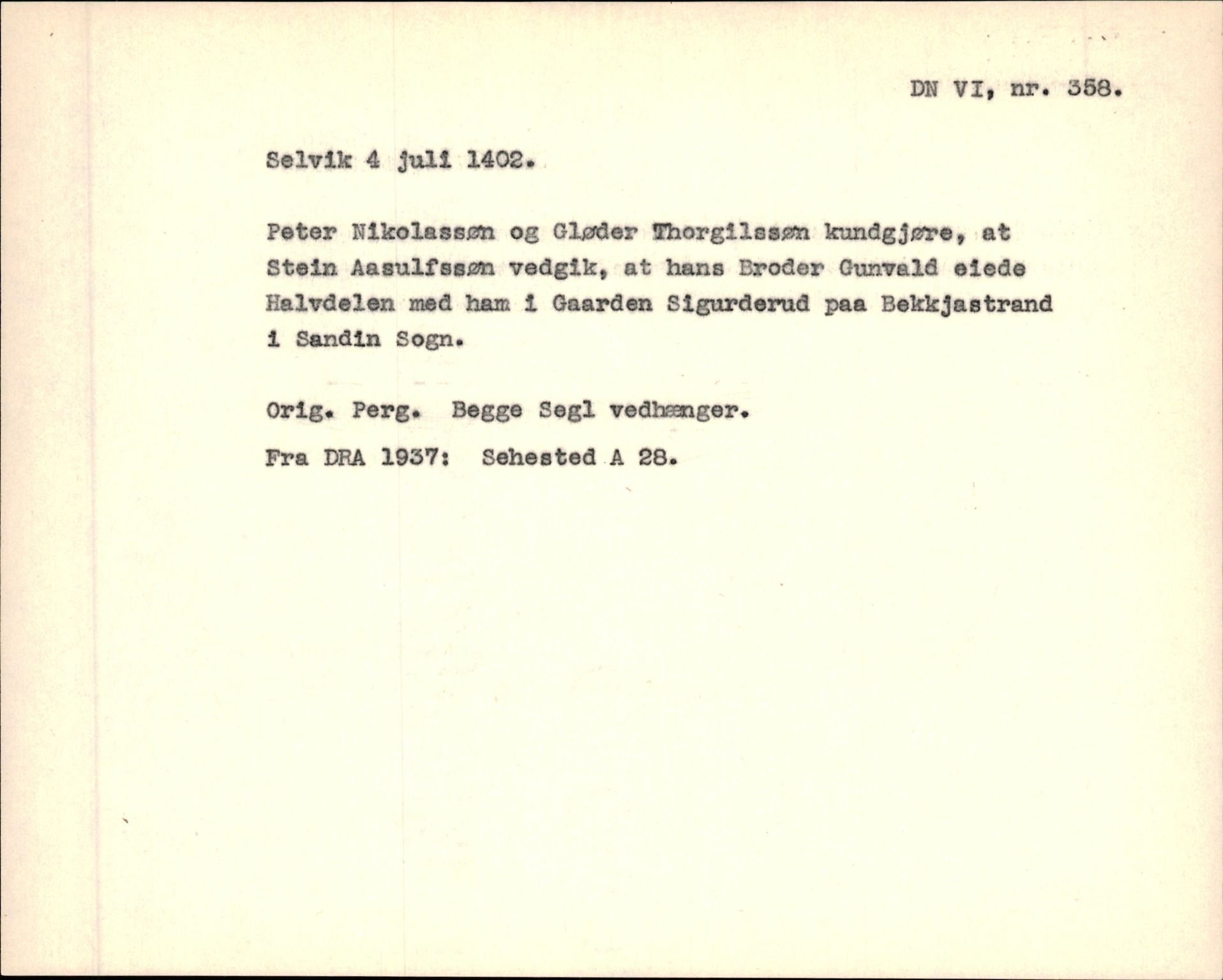 Riksarkivets diplomsamling, AV/RA-EA-5965/F35/F35f/L0001: Regestsedler: Diplomer fra DRA 1937 og 1996, s. 275