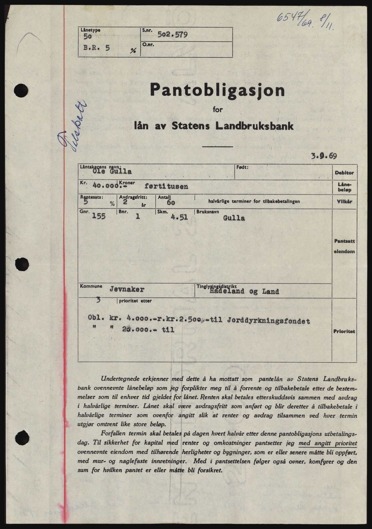 Hadeland og Land tingrett, SAH/TING-010/H/Hb/Hbc/L0075: Pantebok nr. B75, 1969-1969, Dagboknr: 6547/1969