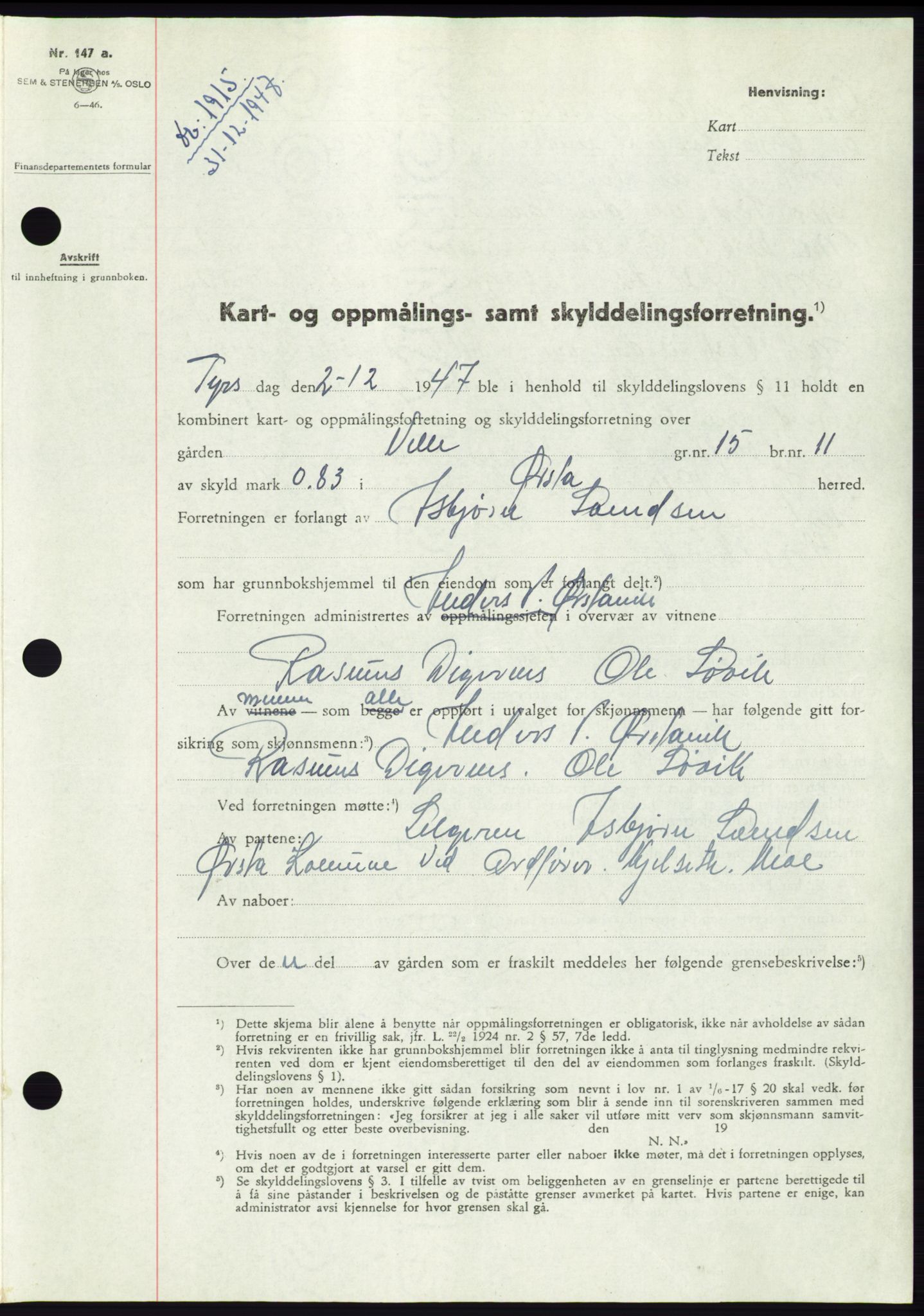 Søre Sunnmøre sorenskriveri, SAT/A-4122/1/2/2C/L0081: Pantebok nr. 7A, 1947-1948, Dagboknr: 1915/1947