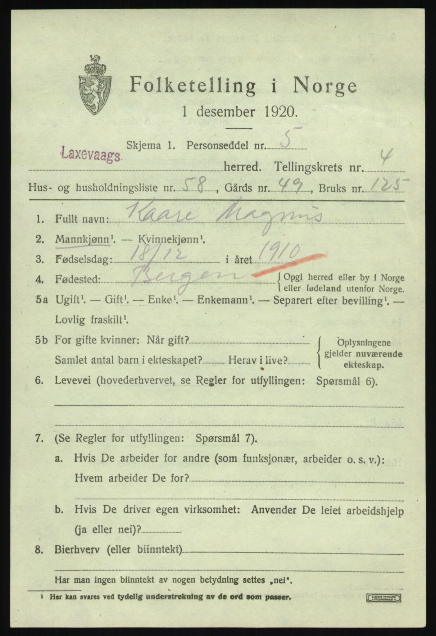SAB, Folketelling 1920 for 1248 Laksevåg herred, 1920, s. 14230
