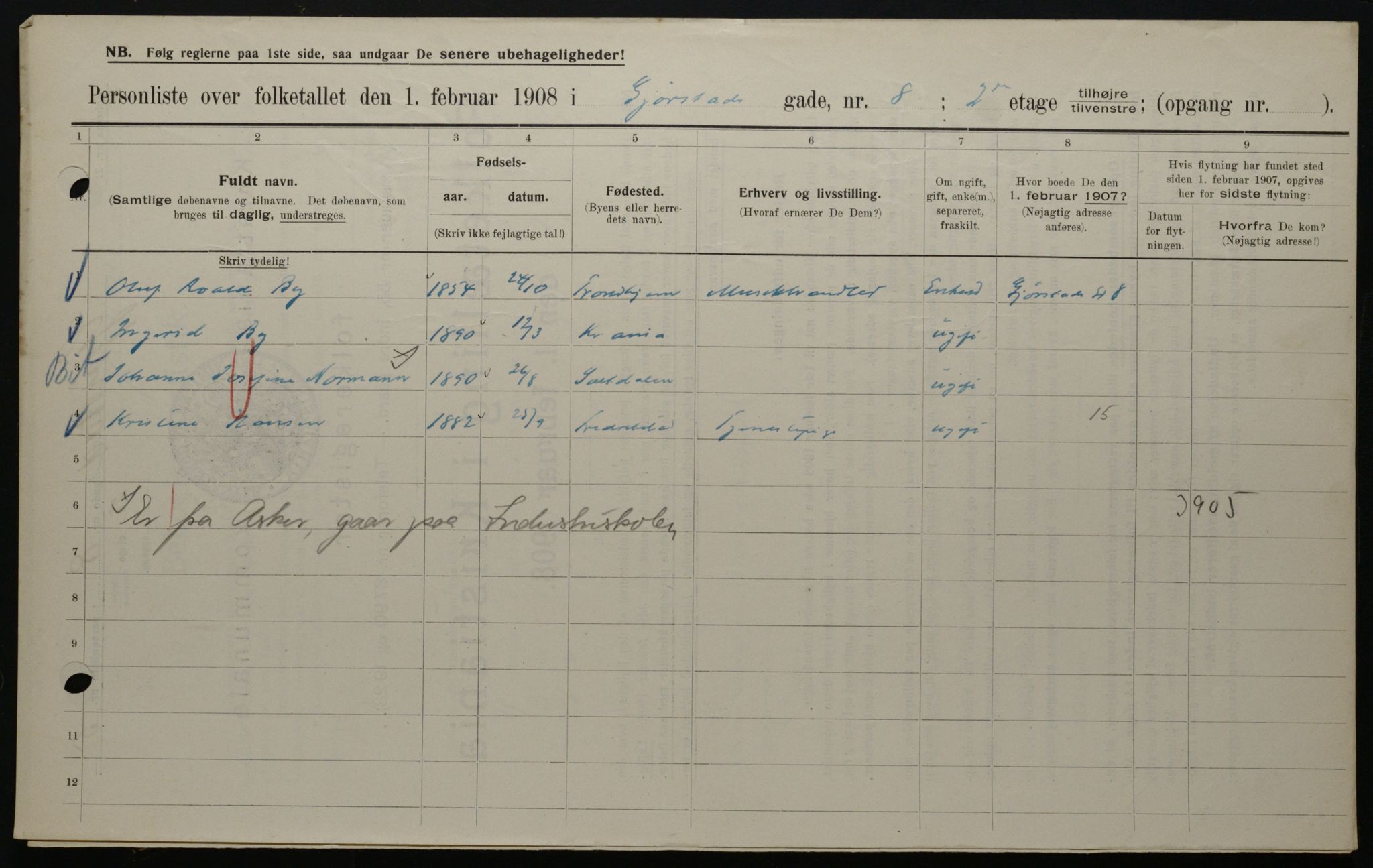 OBA, Kommunal folketelling 1.2.1908 for Kristiania kjøpstad, 1908, s. 26416