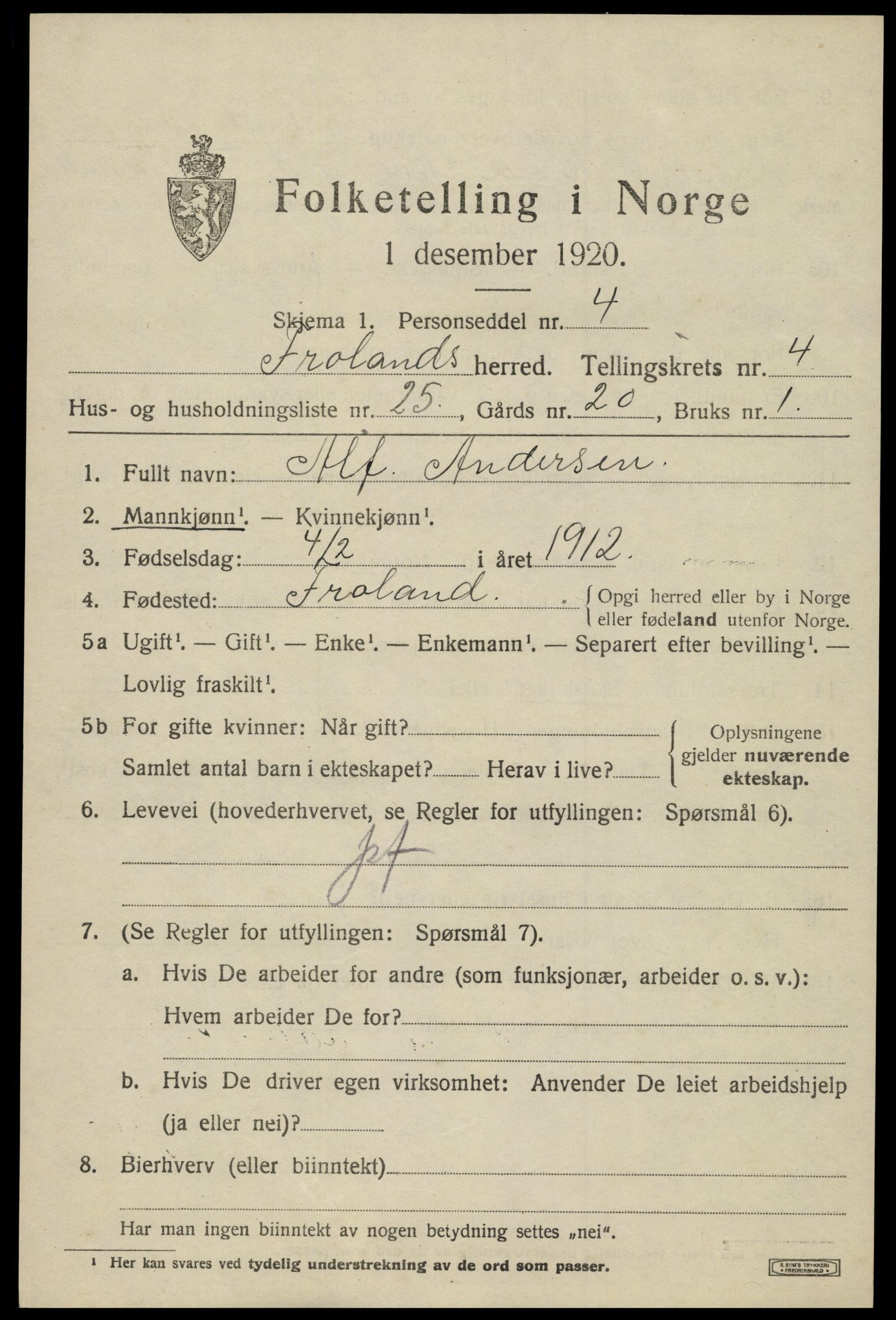 SAK, Folketelling 1920 for 0919 Froland herred, 1920, s. 3399