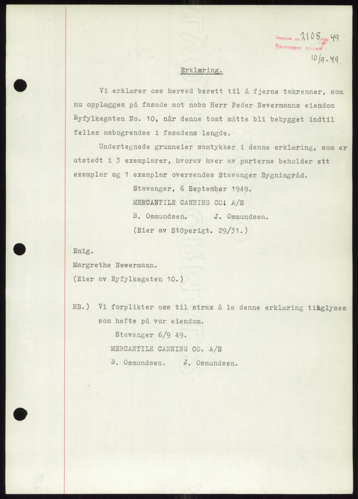 Stavanger byrett, SAST/A-100455/002/G/Gb/L0032: Pantebok, 1947-1950, Dagboknr: 2108/1949