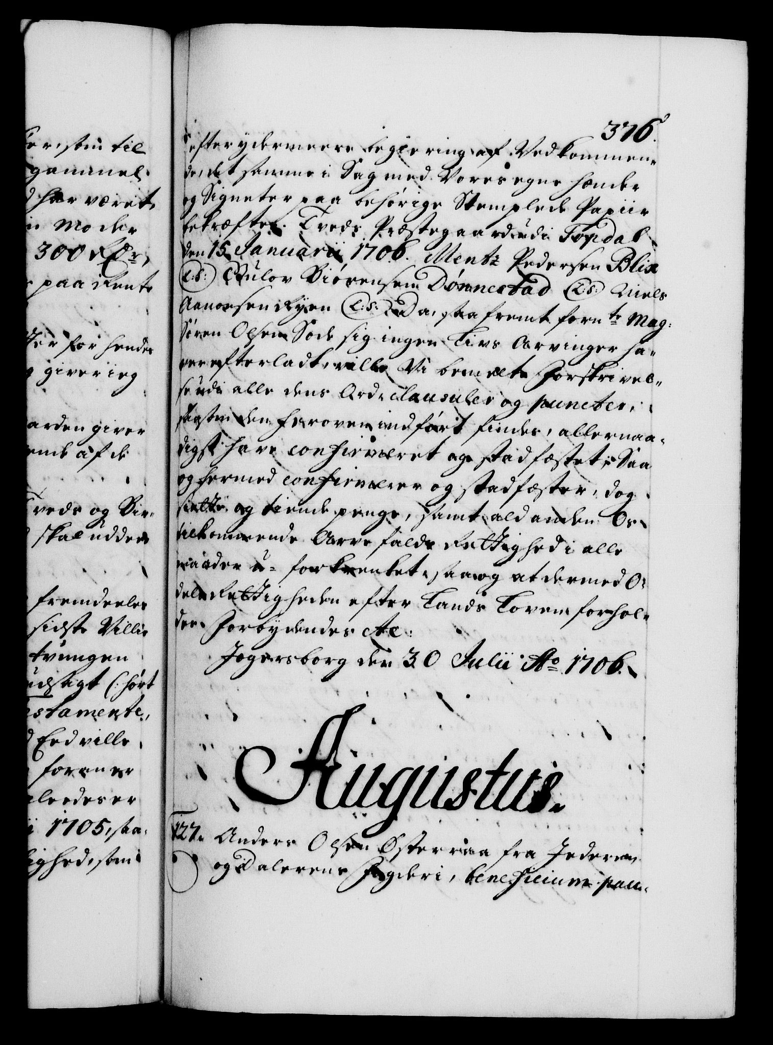 Danske Kanselli 1572-1799, AV/RA-EA-3023/F/Fc/Fca/Fcaa/L0019: Norske registre, 1704-1707, s. 376a