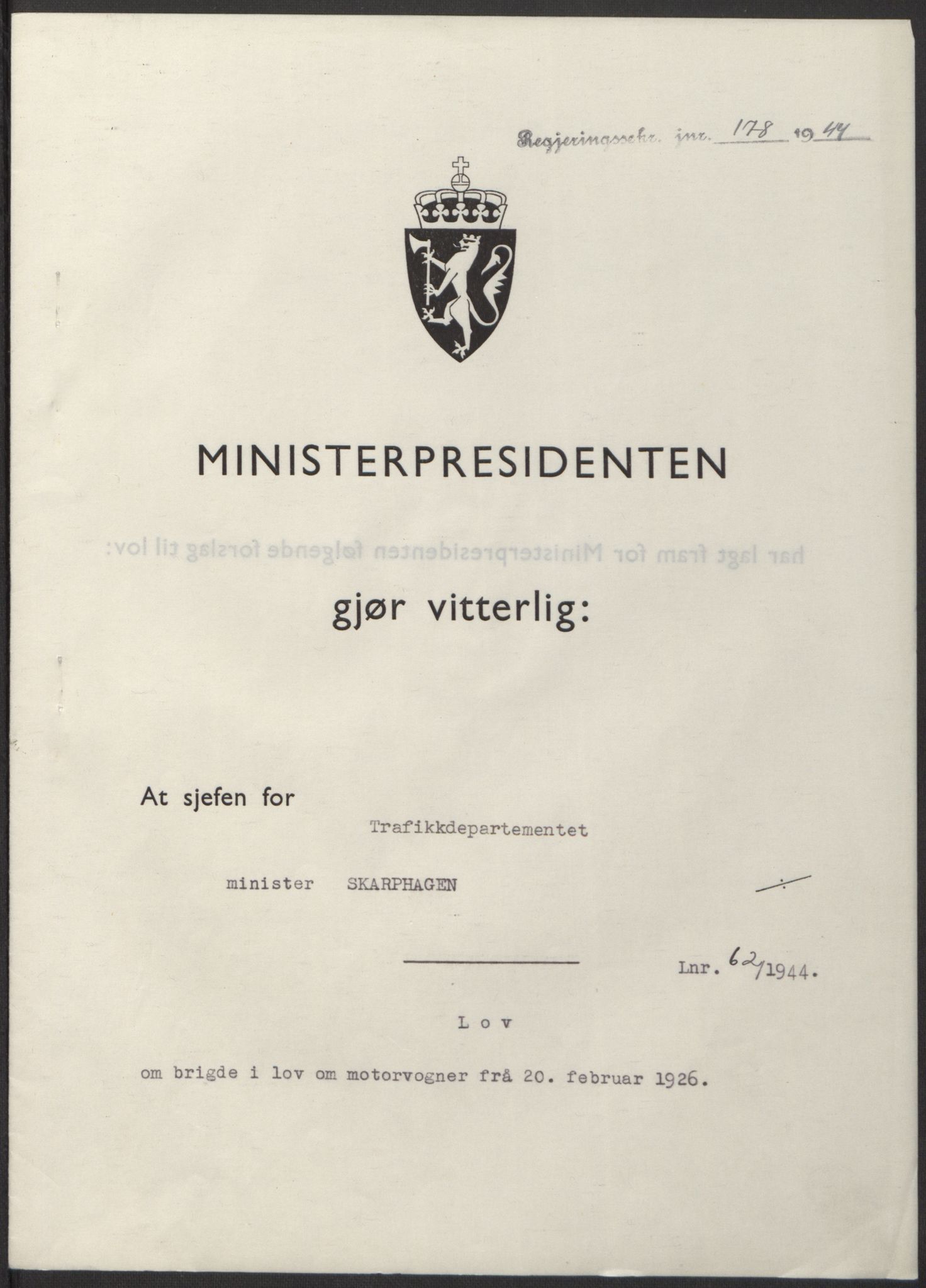 NS-administrasjonen 1940-1945 (Statsrådsekretariatet, de kommisariske statsråder mm), AV/RA-S-4279/D/Db/L0100: Lover, 1944, s. 294