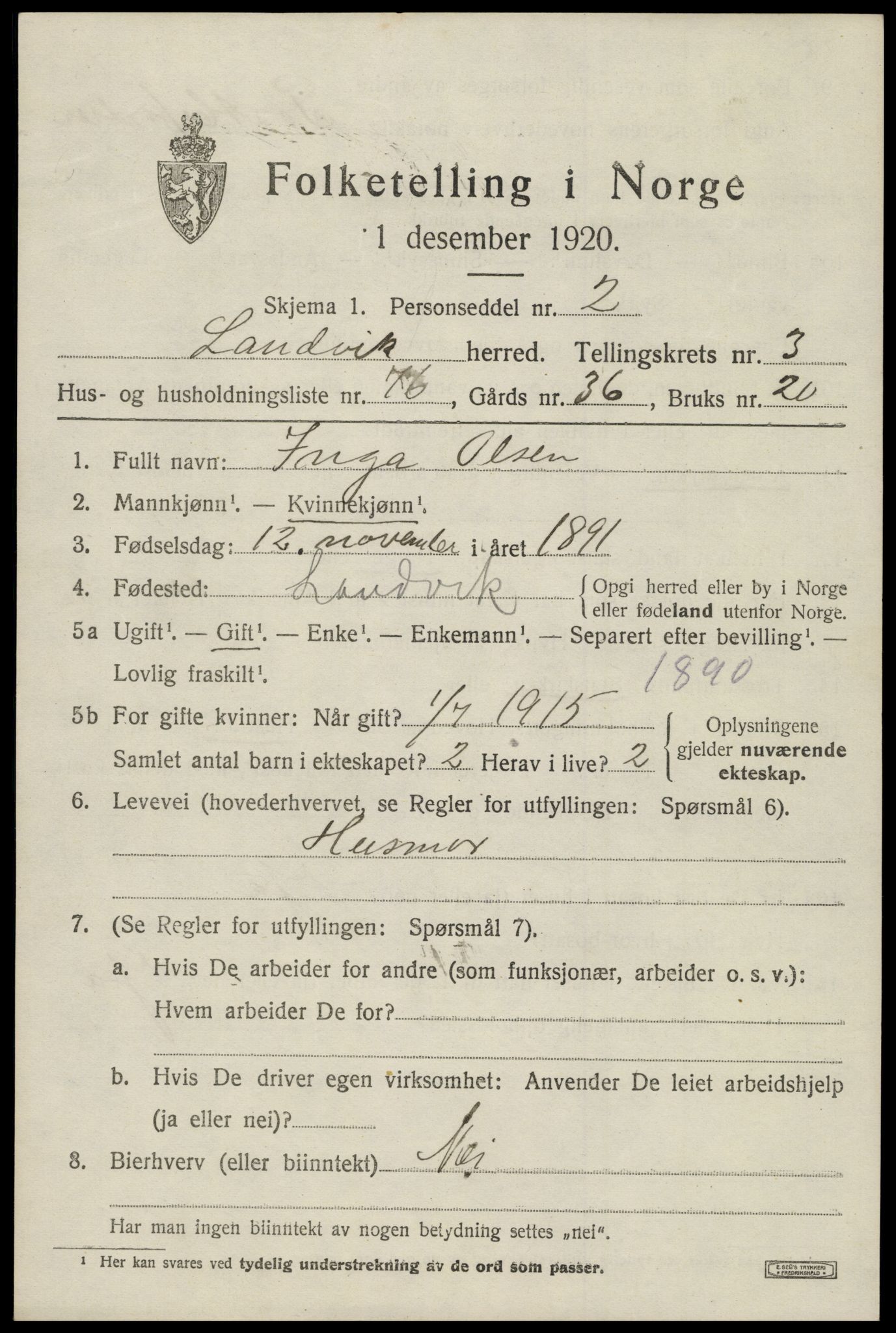 SAK, Folketelling 1920 for 0924 Landvik herred, 1920, s. 3654