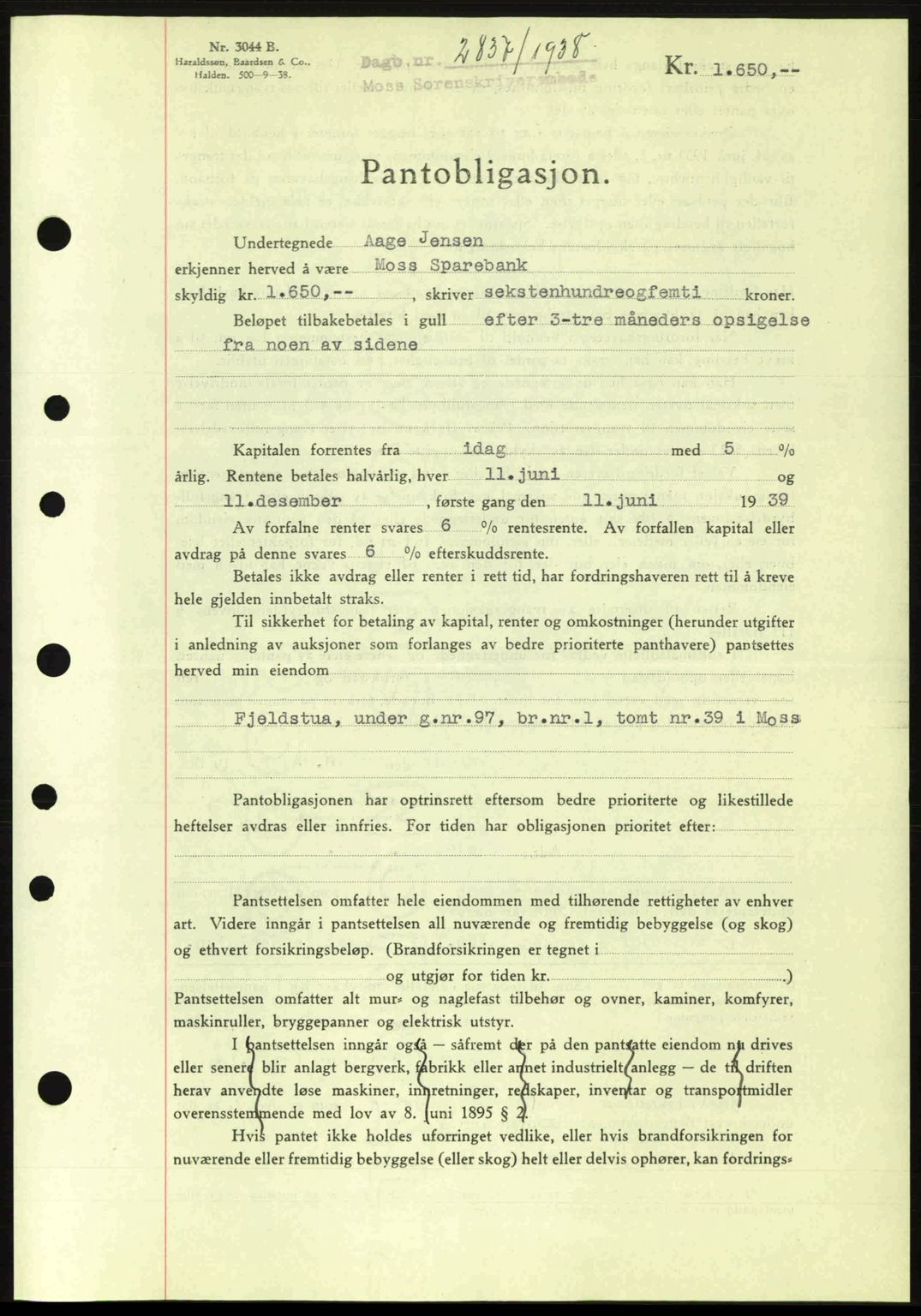 Moss sorenskriveri, SAO/A-10168: Pantebok nr. B6, 1938-1938, Dagboknr: 2837/1938