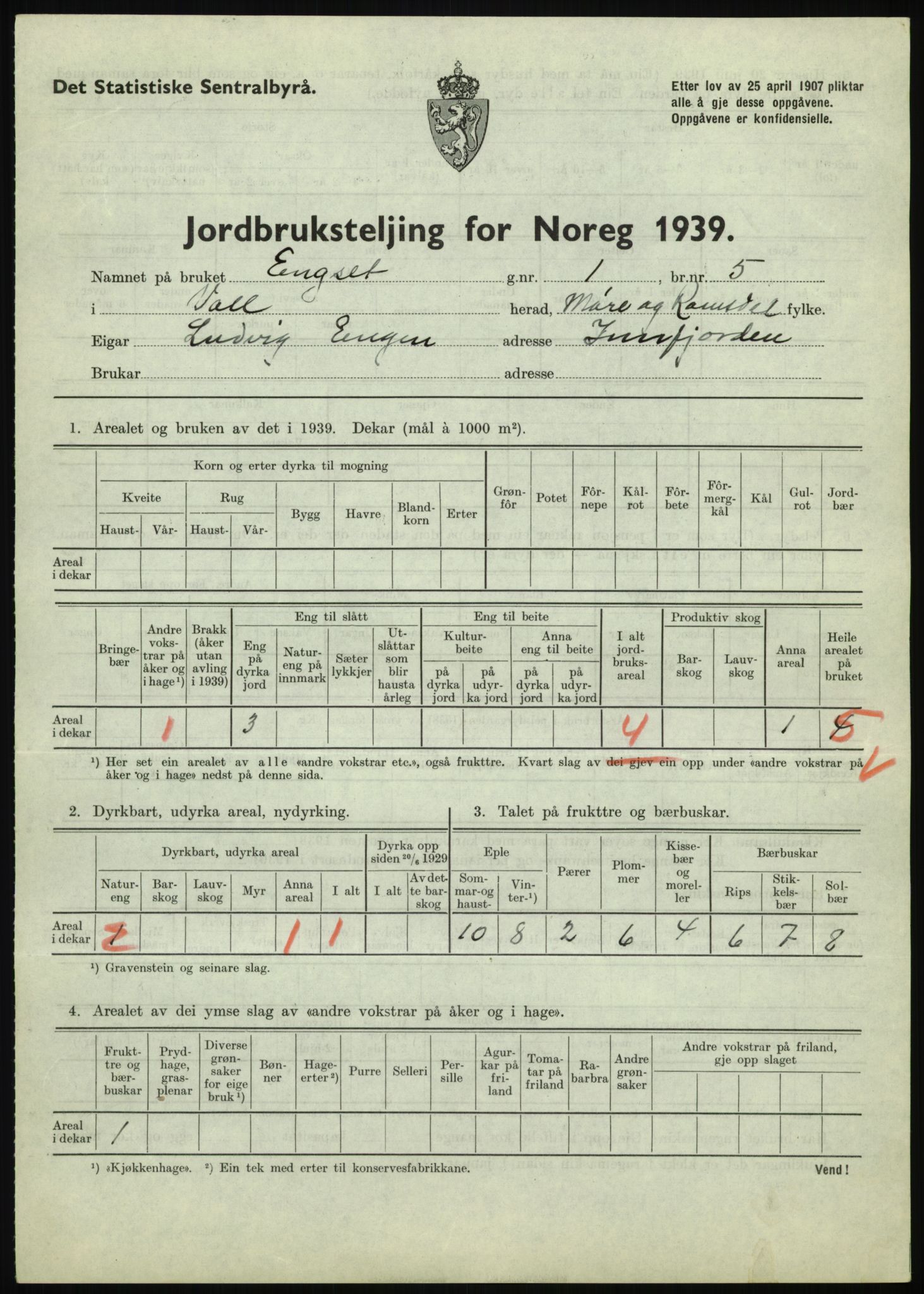 Statistisk sentralbyrå, Næringsøkonomiske emner, Jordbruk, skogbruk, jakt, fiske og fangst, AV/RA-S-2234/G/Gb/L0251: Møre og Romsdal: Voll, Eid, Grytten og Hen, 1939, s. 59