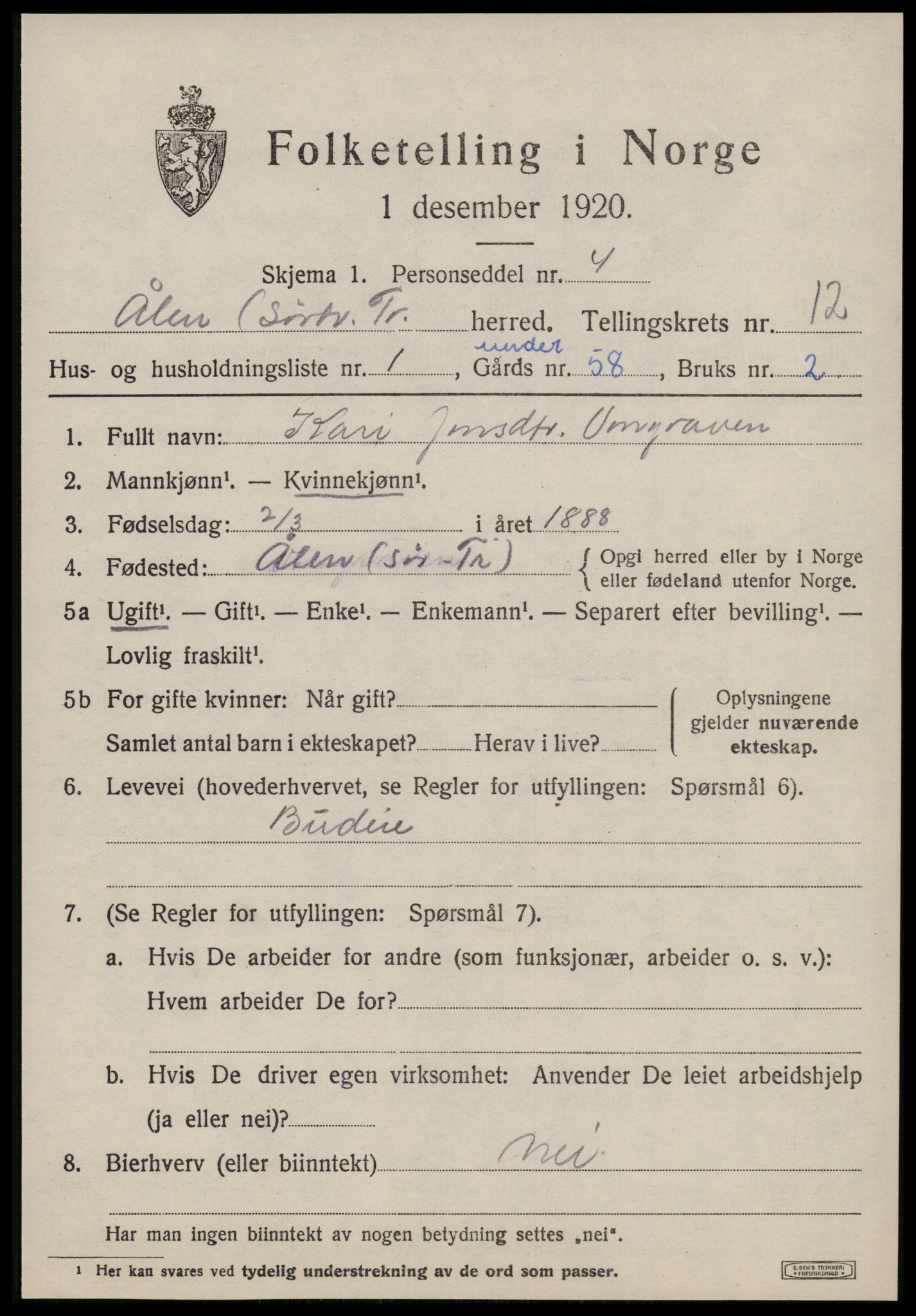SAT, Folketelling 1920 for 1644 Ålen herred, 1920, s. 5726