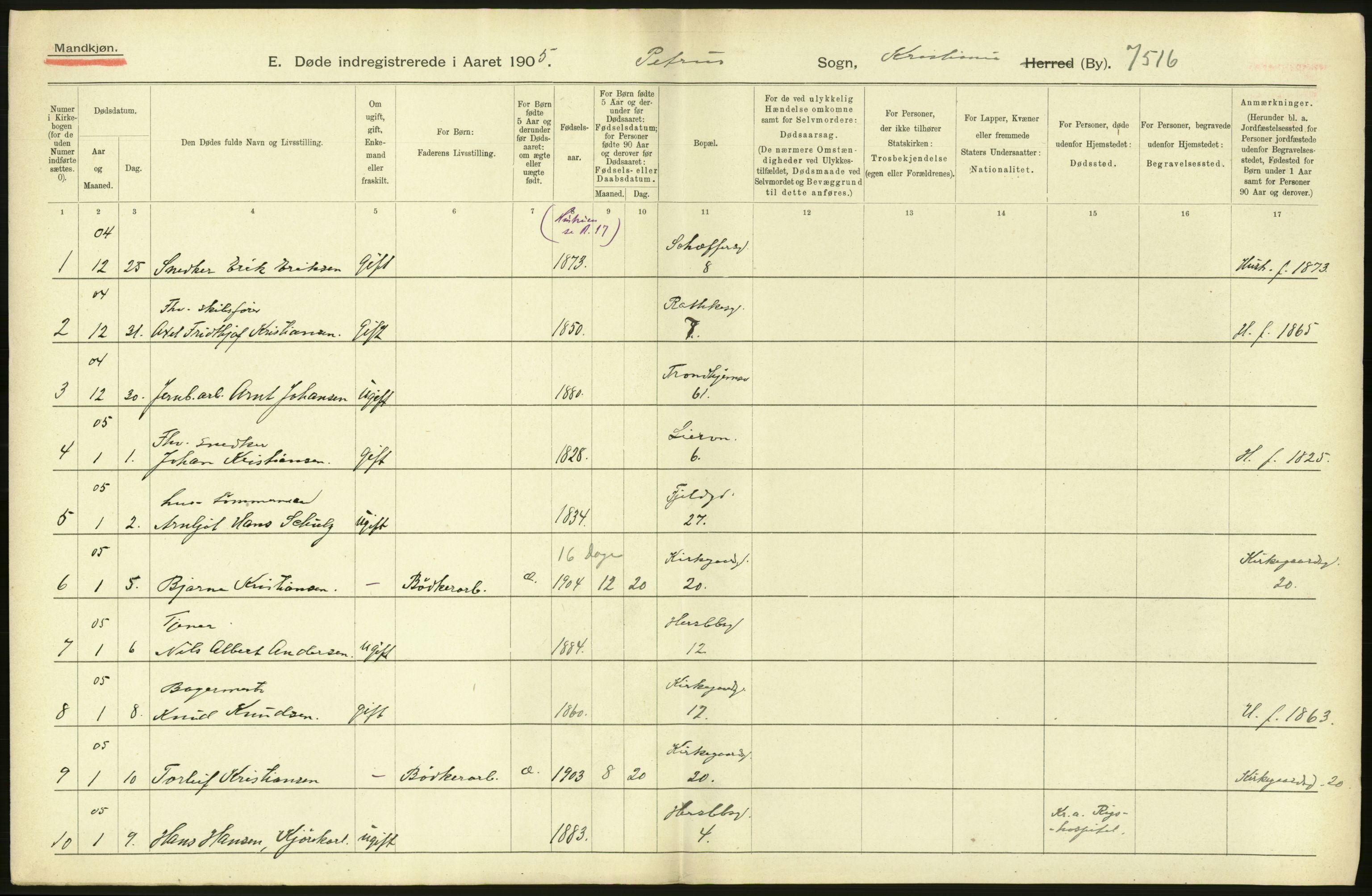 Statistisk sentralbyrå, Sosiodemografiske emner, Befolkning, AV/RA-S-2228/D/Df/Dfa/Dfac/L0007a: Kristiania: Døde, dødfødte., 1905, s. 424