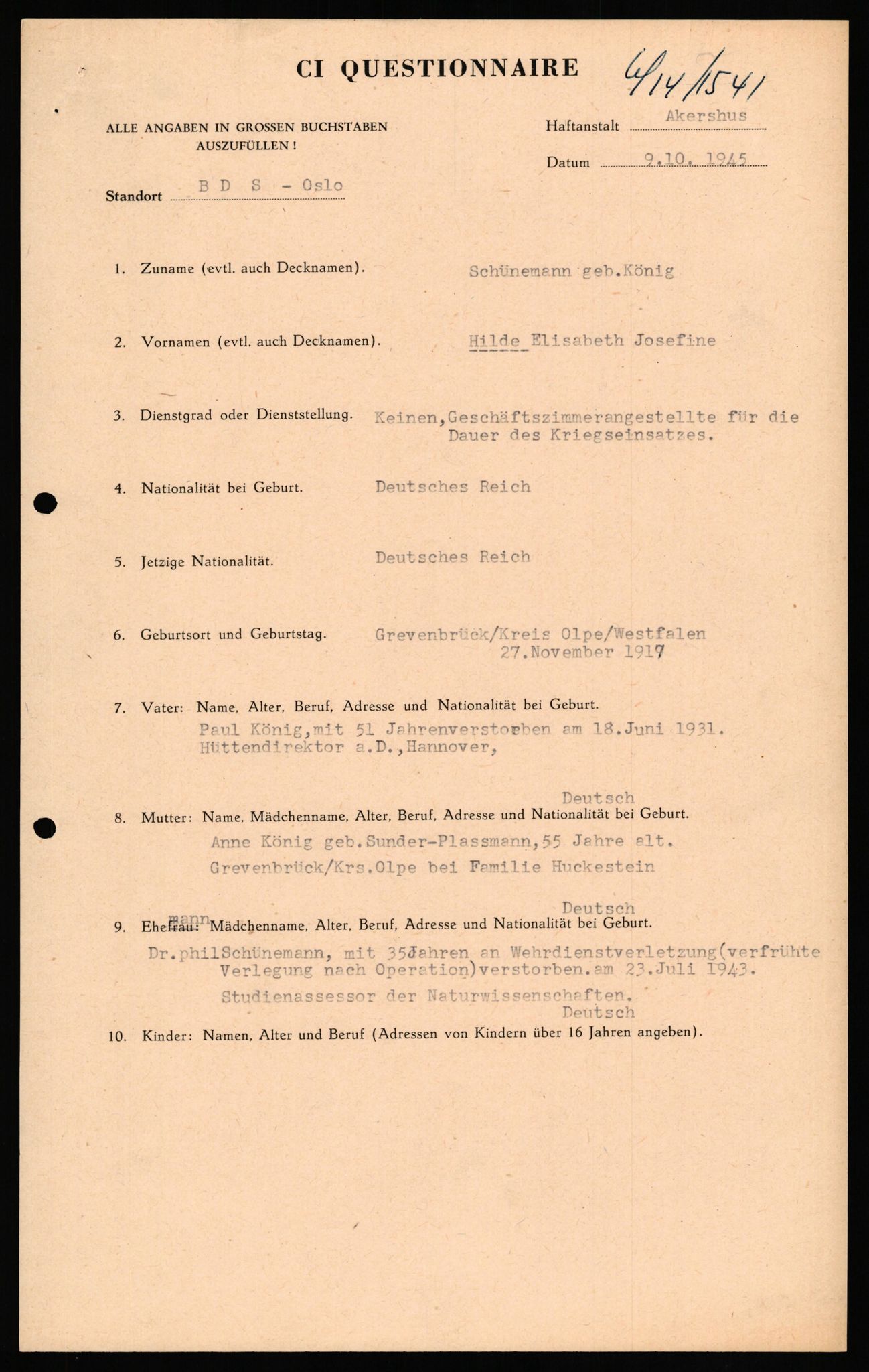 Forsvaret, Forsvarets overkommando II, RA/RAFA-3915/D/Db/L0031: CI Questionaires. Tyske okkupasjonsstyrker i Norge. Tyskere., 1945-1946, s. 262