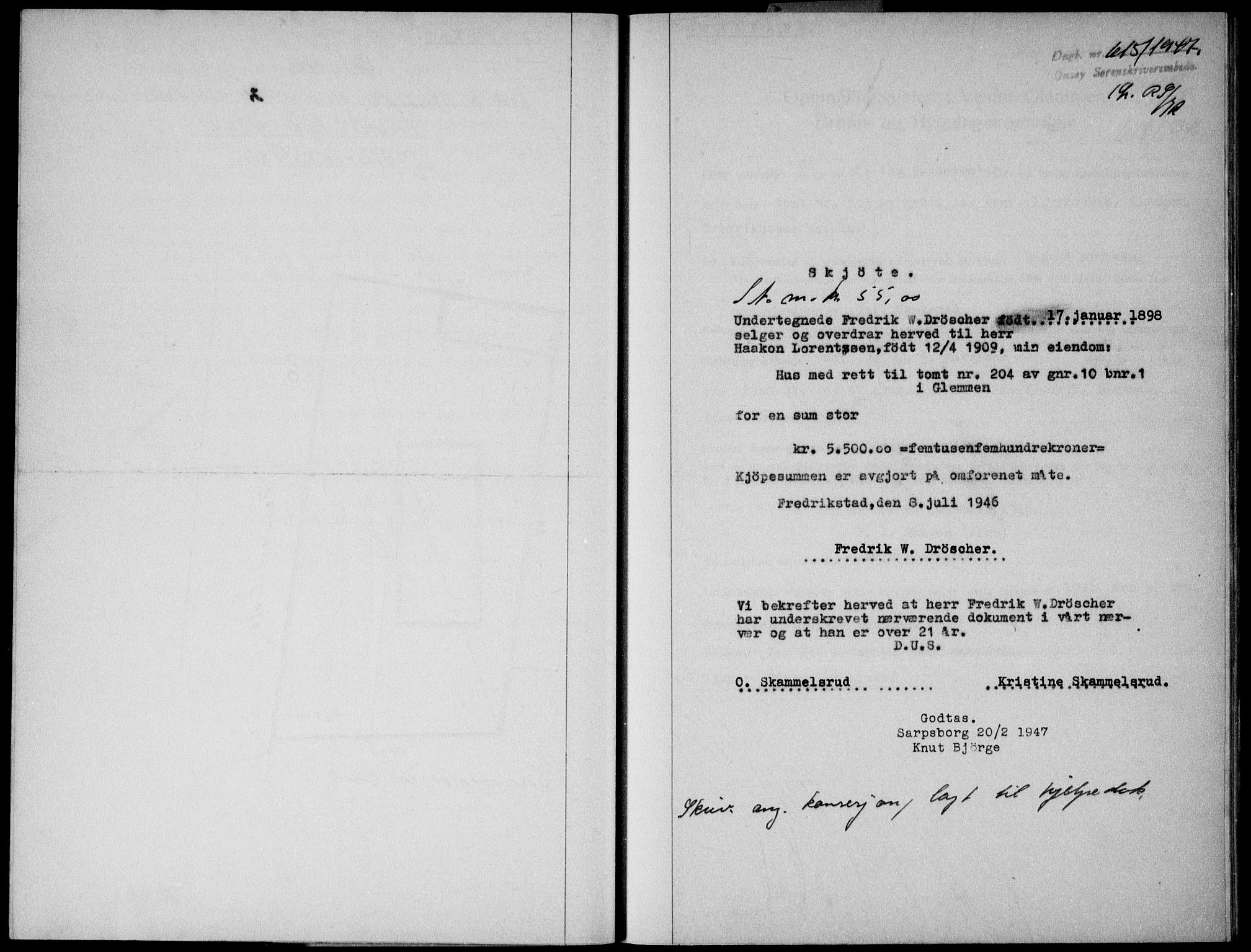 Onsøy sorenskriveri, SAO/A-10474/G/Ga/Gab/L0019a: Pantebok nr. II A-19, 1947-1947, Dagboknr: 615/1947