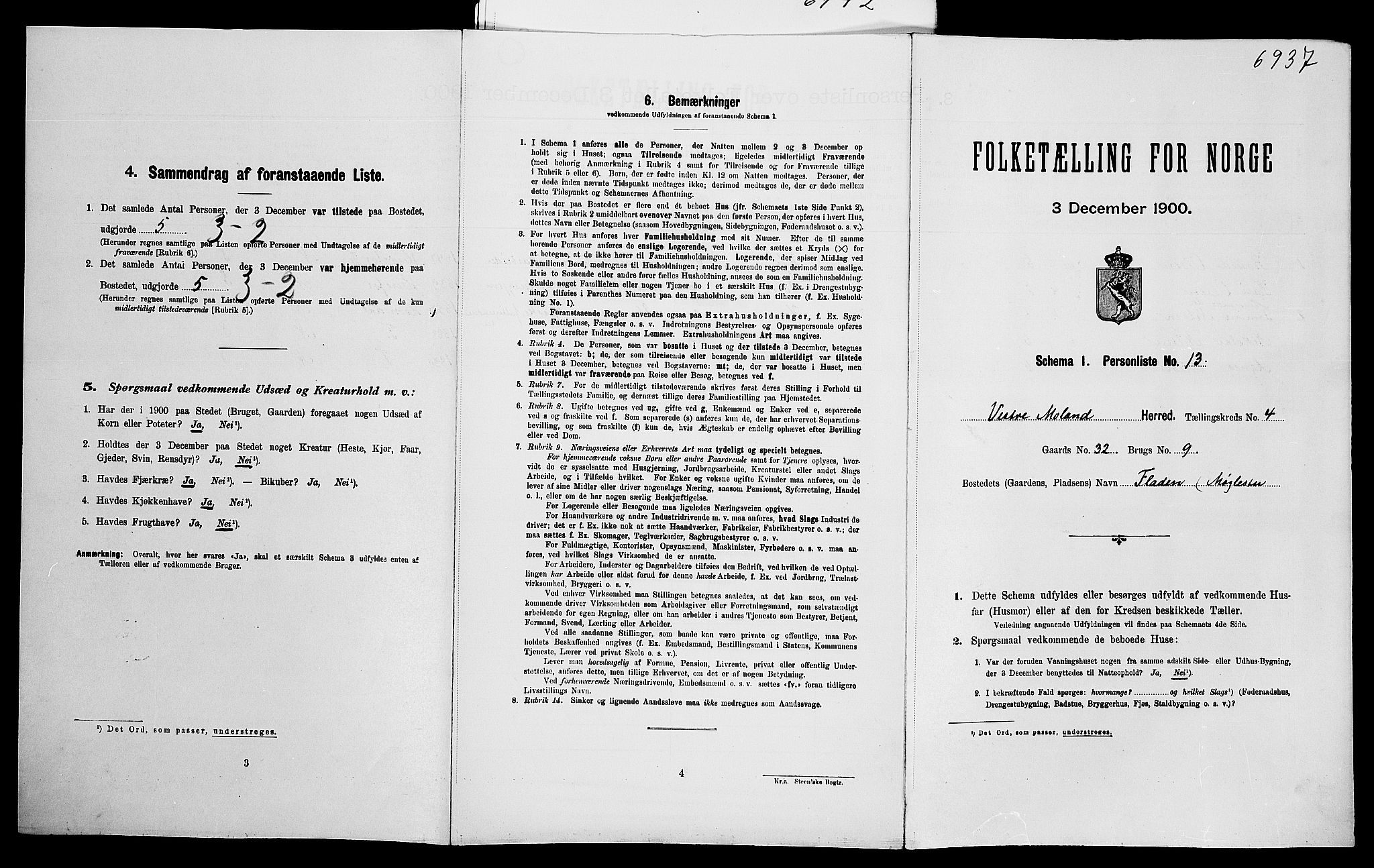 SAK, Folketelling 1900 for 0926 Vestre Moland herred, 1900, s. 432
