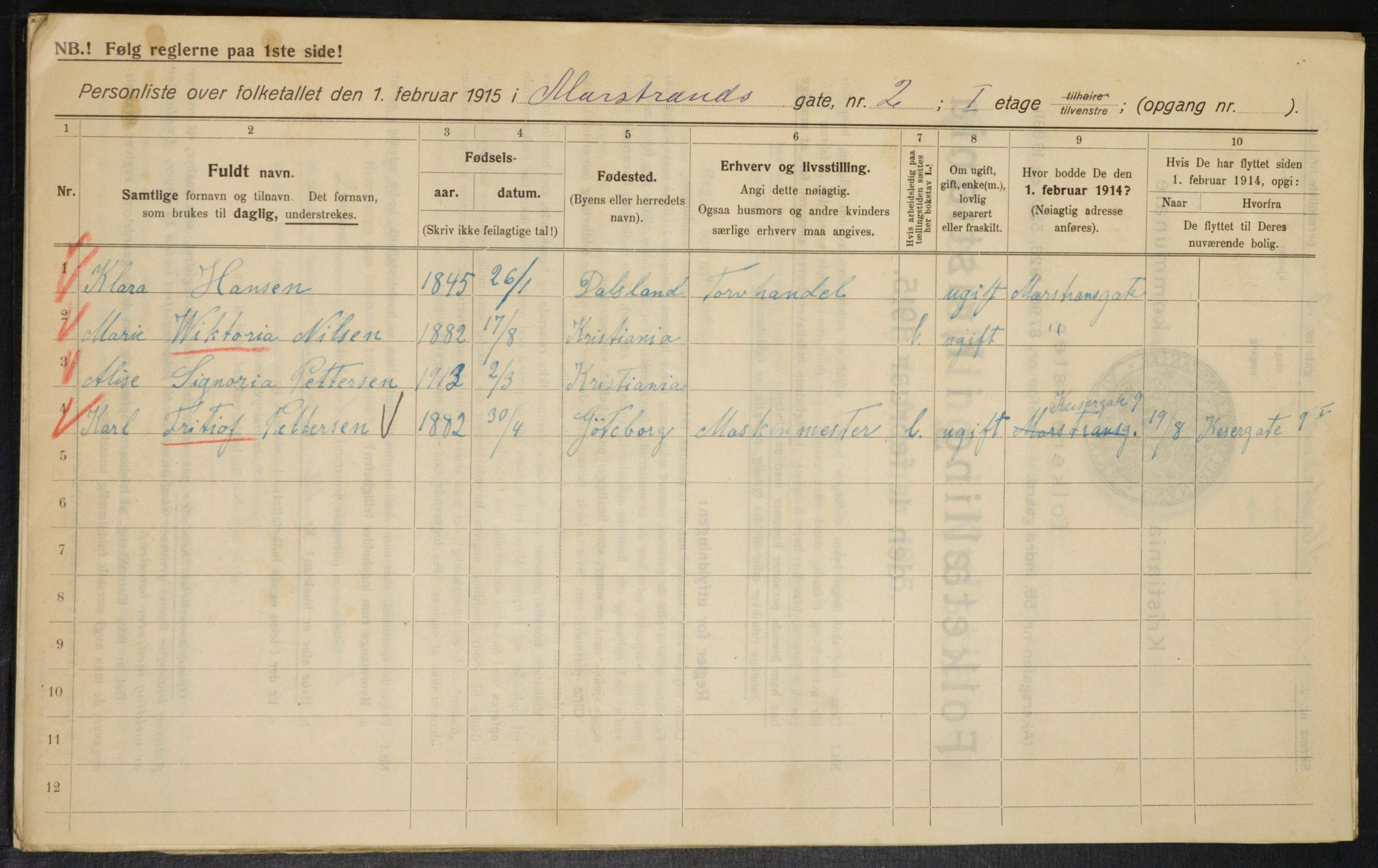 OBA, Kommunal folketelling 1.2.1915 for Kristiania, 1915, s. 64097