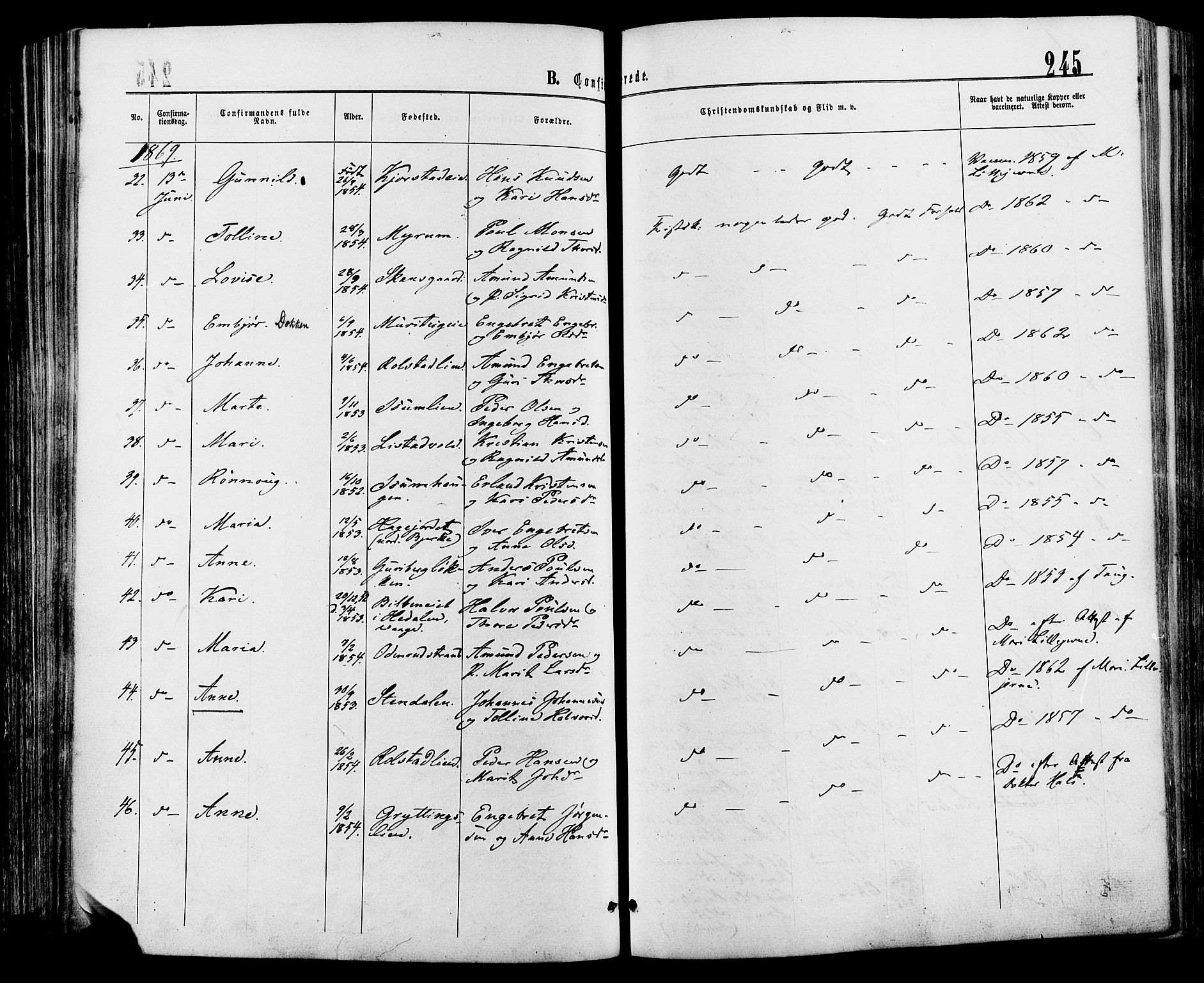 Sør-Fron prestekontor, SAH/PREST-010/H/Ha/Haa/L0002: Ministerialbok nr. 2, 1864-1880, s. 245