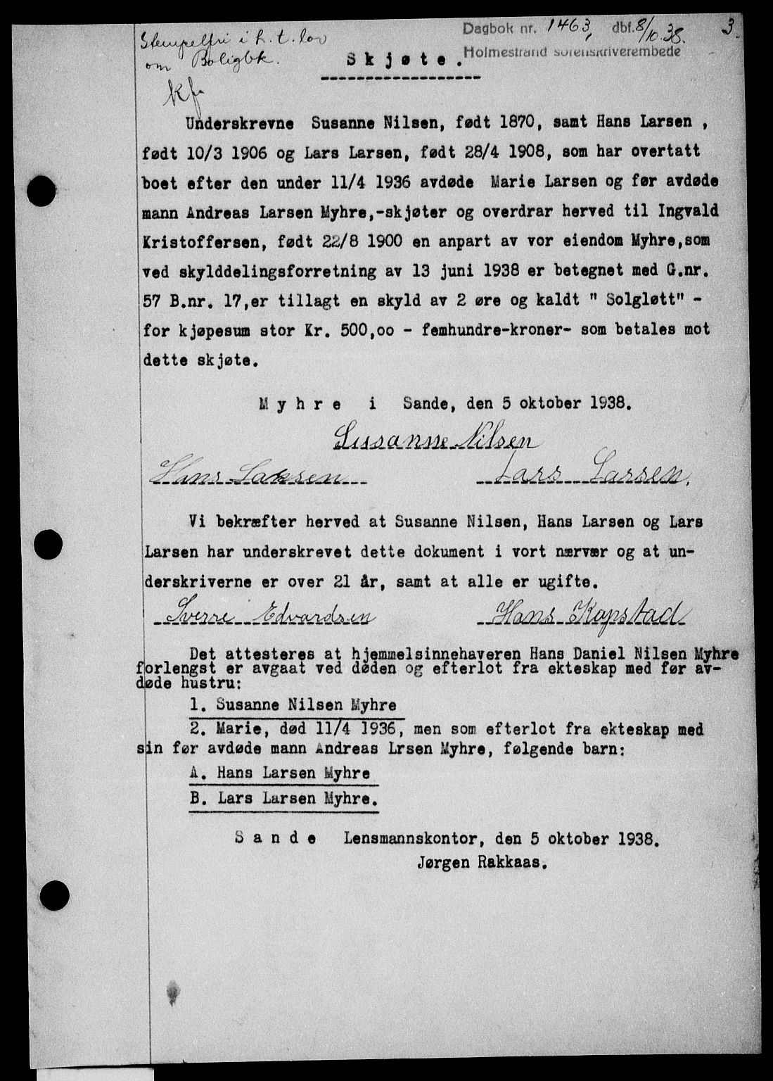 Holmestrand sorenskriveri, SAKO/A-67/G/Ga/Gaa/L0050: Pantebok nr. A-50, 1938-1939, Dagboknr: 1463/1938