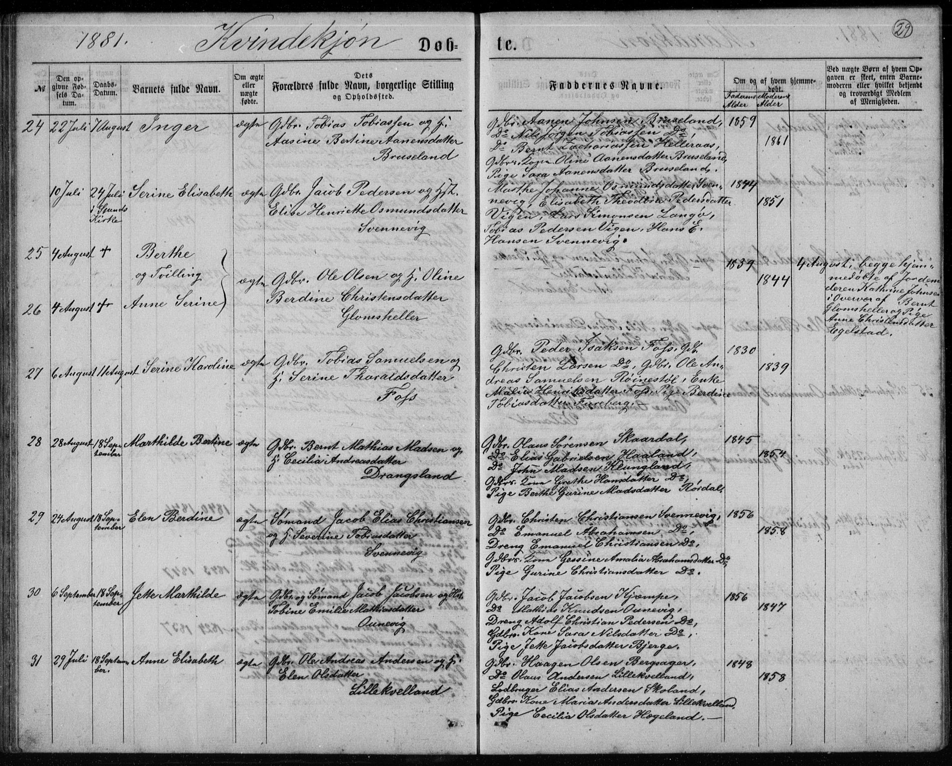 Lyngdal sokneprestkontor, AV/SAK-1111-0029/F/Fb/Fbc/L0004: Klokkerbok nr. B 4, 1878-1896, s. 29
