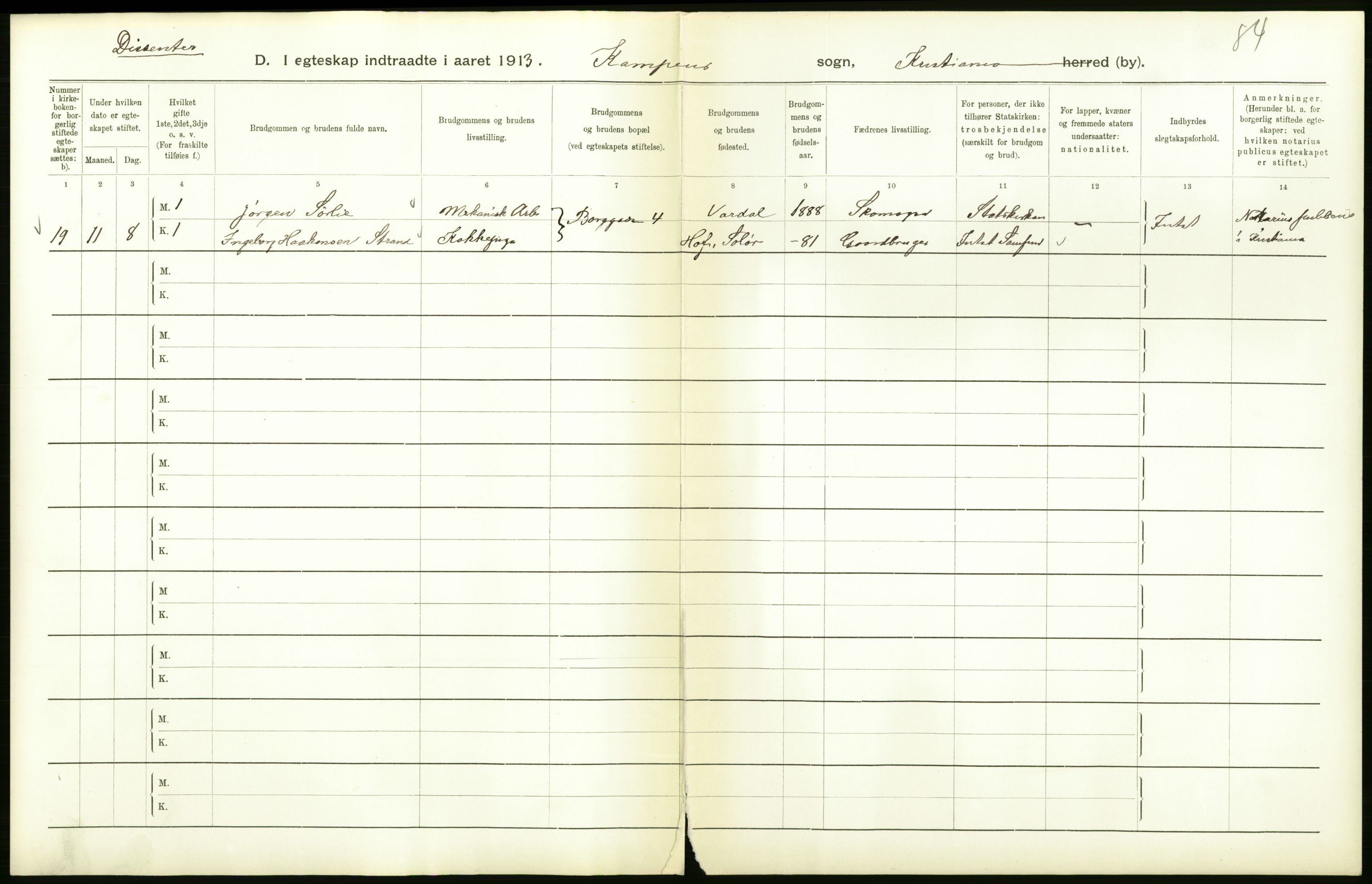 Statistisk sentralbyrå, Sosiodemografiske emner, Befolkning, AV/RA-S-2228/D/Df/Dfb/Dfbc/L0008: Kristiania: Gifte., 1913, s. 4