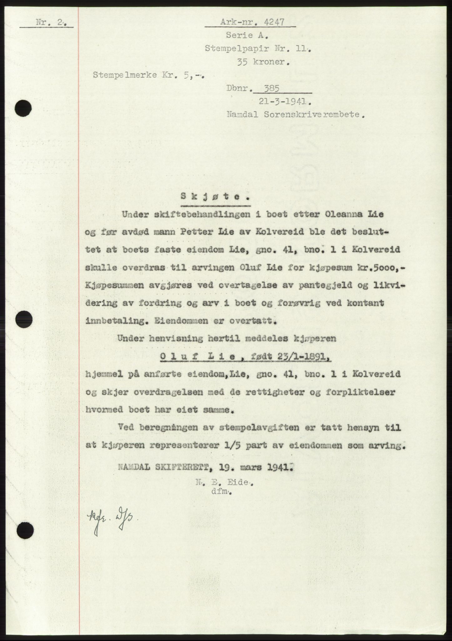 Namdal sorenskriveri, SAT/A-4133/1/2/2C: Pantebok nr. -, 1940-1941, Tingl.dato: 21.03.1941