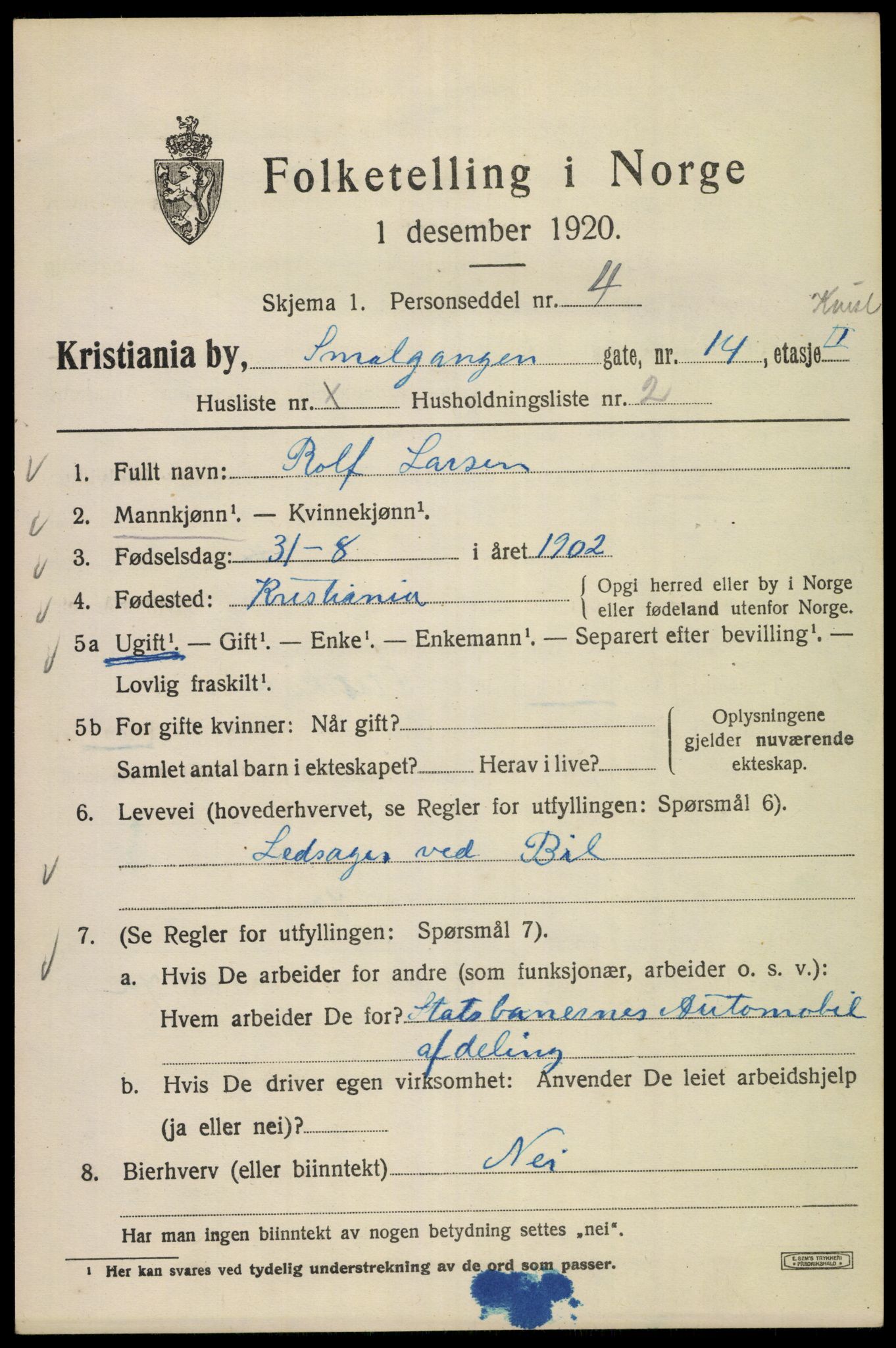SAO, Folketelling 1920 for 0301 Kristiania kjøpstad, 1920, s. 519075