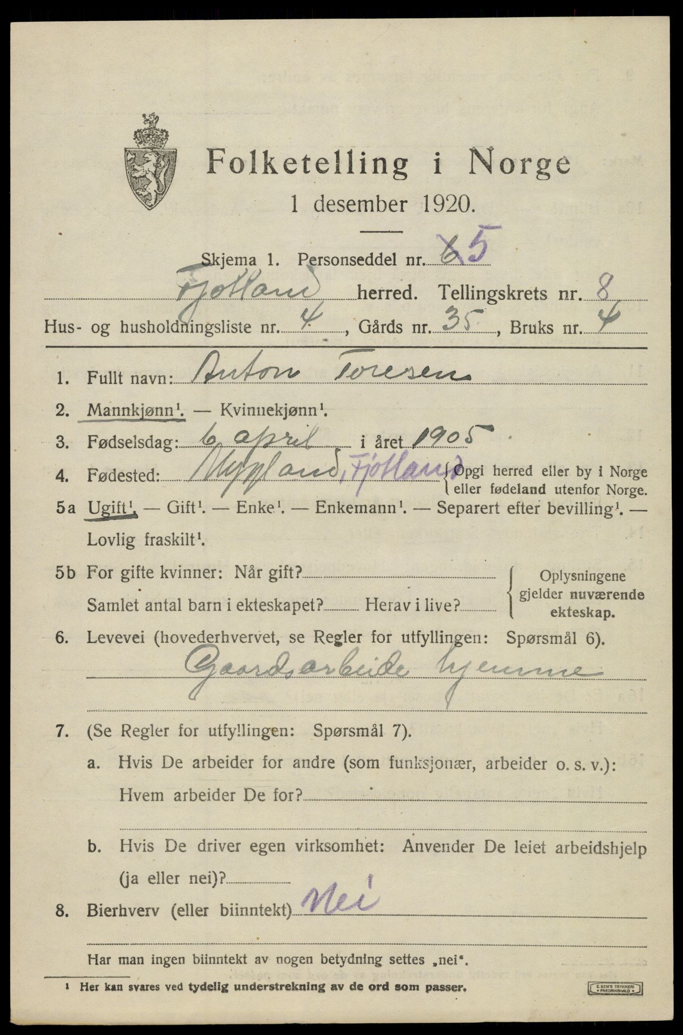 SAK, Folketelling 1920 for 1036 Fjotland herred, 1920, s. 2042