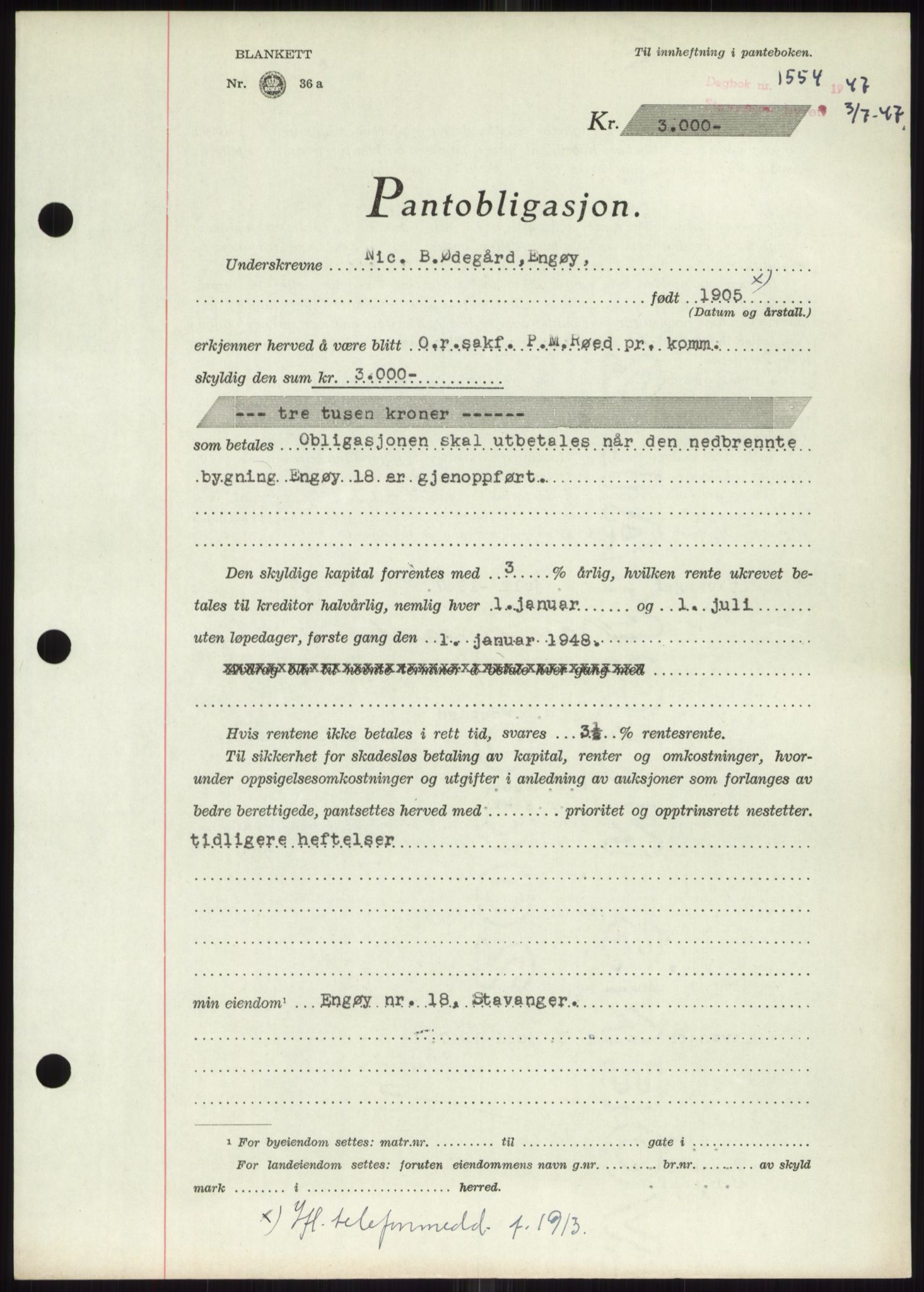 Stavanger byrett, SAST/A-100455/002/G/Gb/L0032: Pantebok, 1947-1950, Dagboknr: 1554/1947