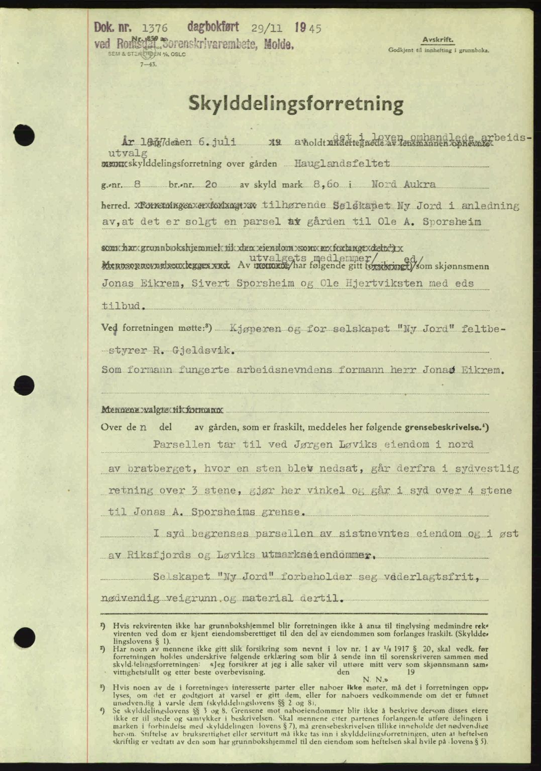 Romsdal sorenskriveri, SAT/A-4149/1/2/2C: Pantebok nr. A18, 1945-1945, Dagboknr: 1376/1945