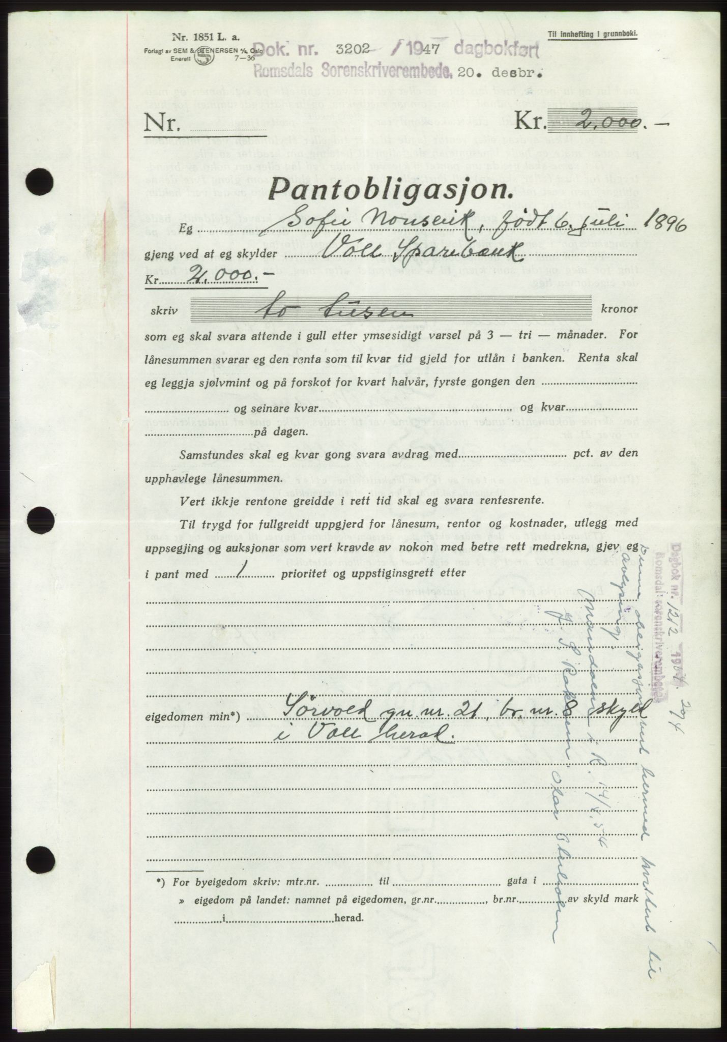 Romsdal sorenskriveri, AV/SAT-A-4149/1/2/2C: Pantebok nr. B3, 1946-1948, Dagboknr: 3202/1947